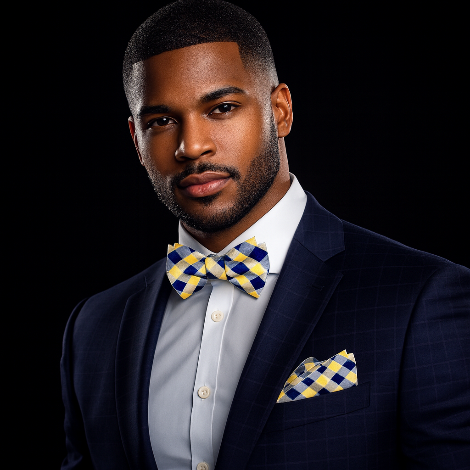 Blue and yellow Check Bow Tie and Square on man with suit