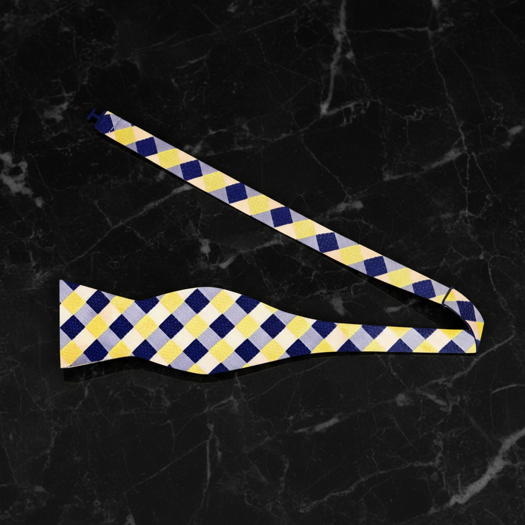 A Yellow, Blue Geometric Pattern Silk Bow Tie Self Tie