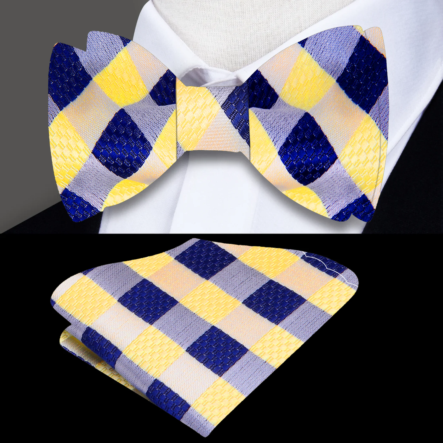 Main: A Yellow, Blue Geometric Pattern Pre Tied Bow Tie, Matching Pocket Square