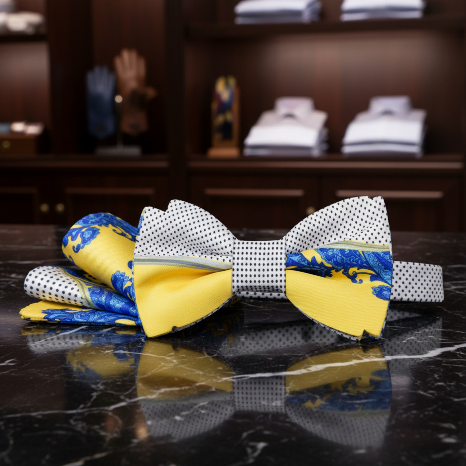 Yellow Blue Paisley Bow Tie and Pocket Square||Yellow