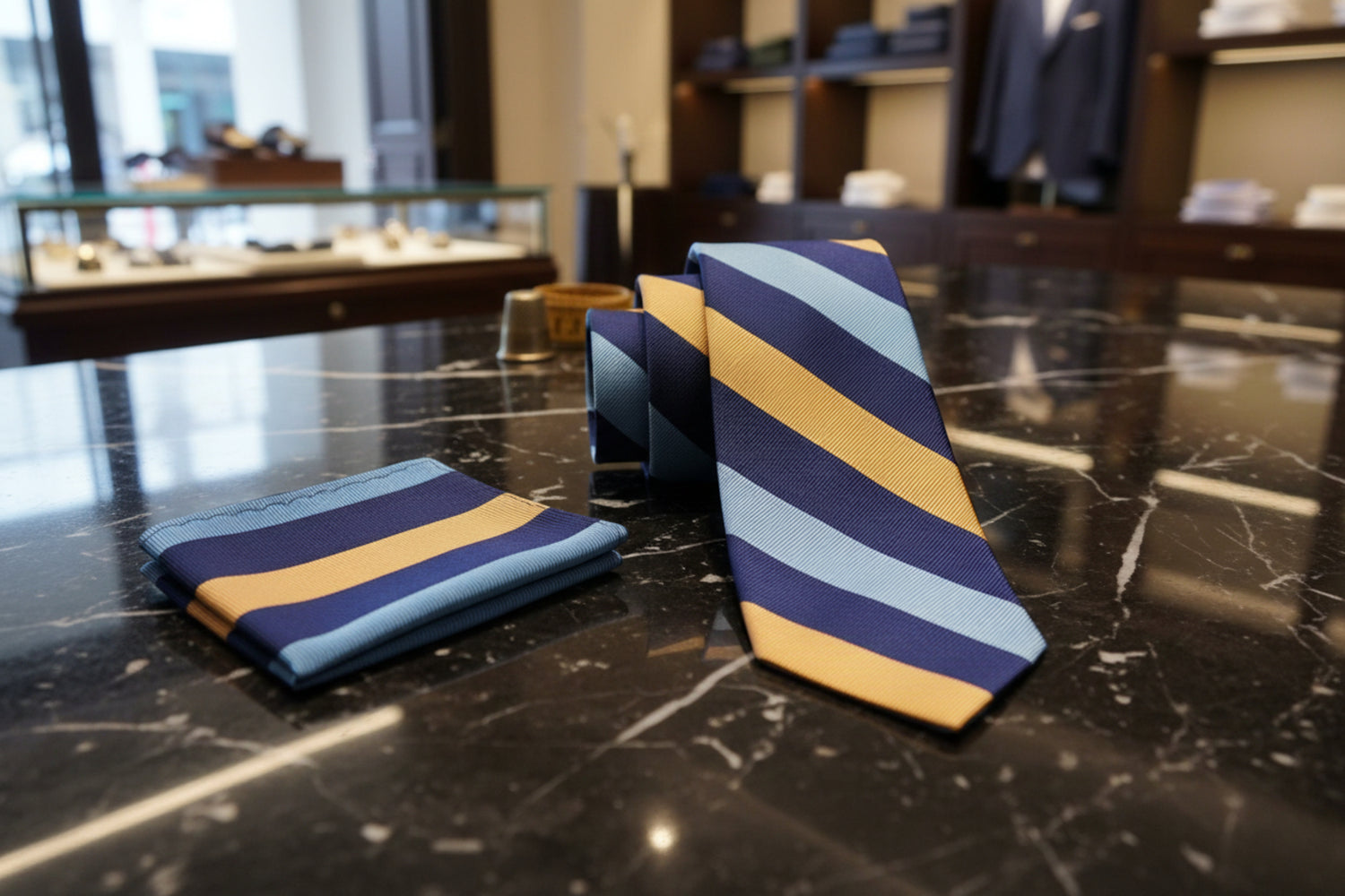 Alt View: A Blue, Light Blue, Yellow Stripe Pattern Necktie, Matching Pocket Square