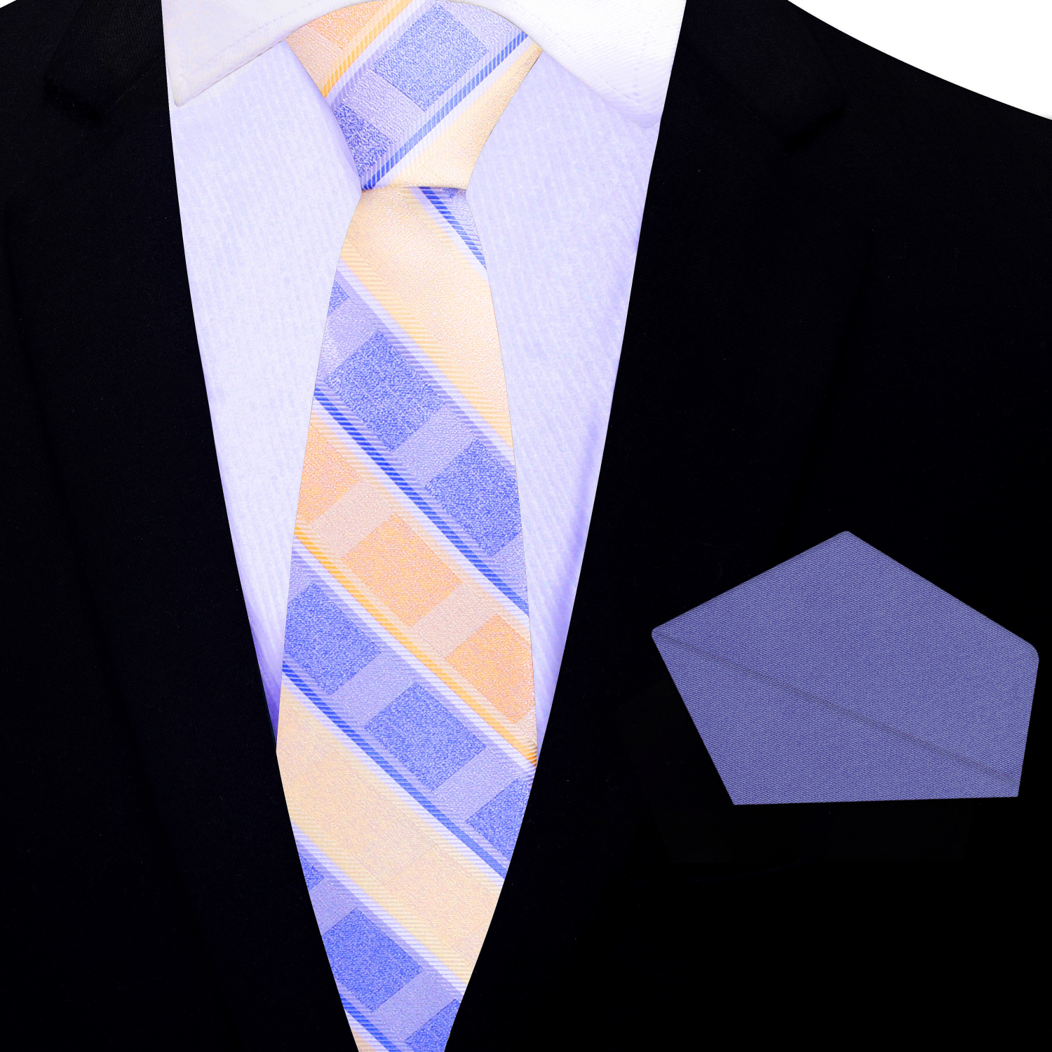 Blue and yellow striped thin tie with accenting pocket square on a black suit.