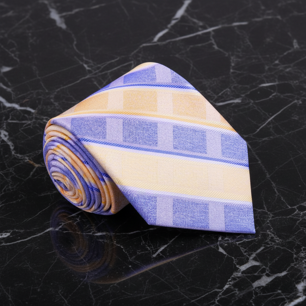 Roll of blue and yellow checkered tie on a white background
