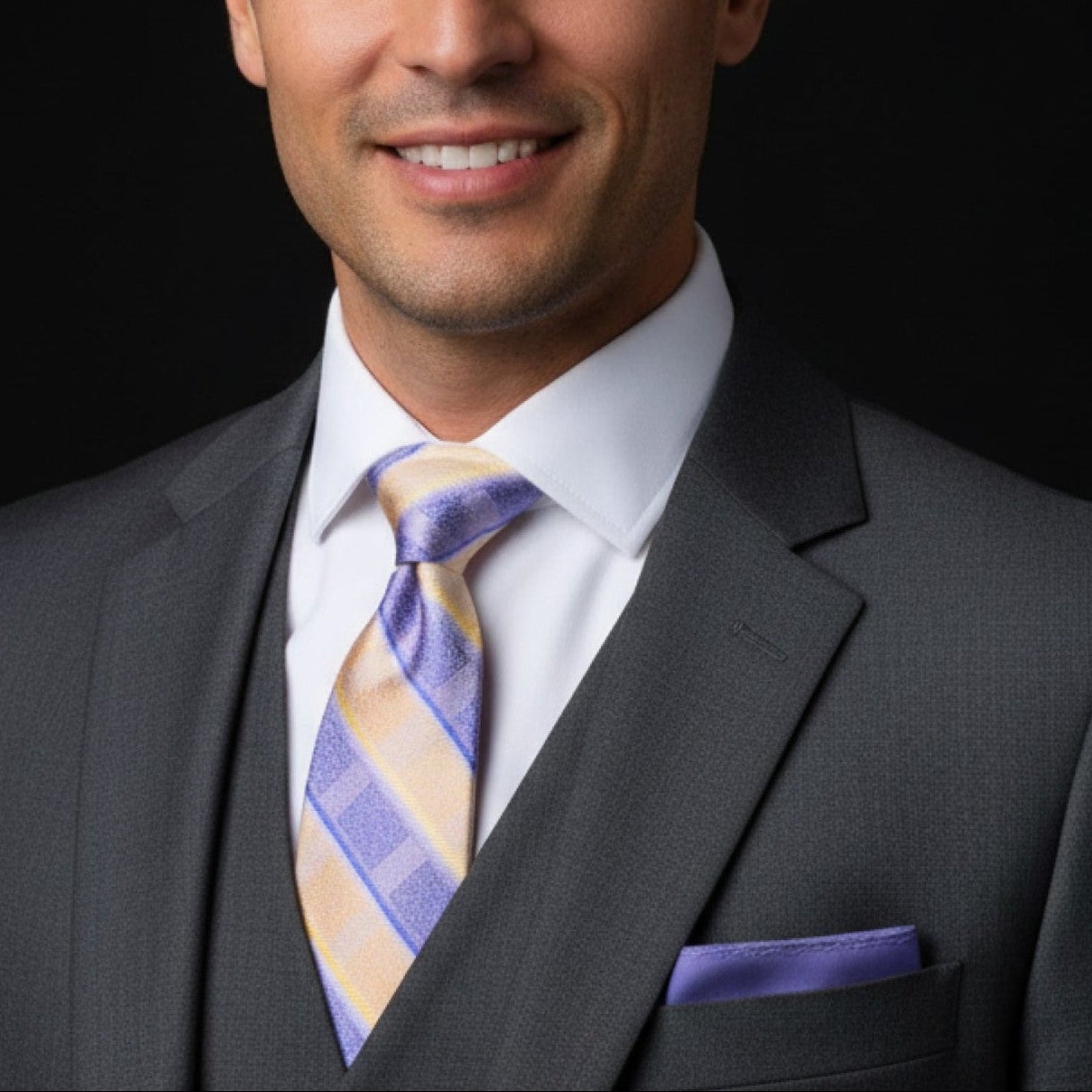 Man wearing a gray suit with a purple and yellow striped tie against a black background