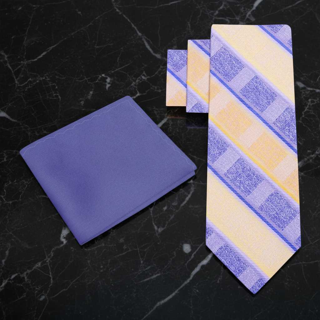 yellow and purple stripe tie and purple square