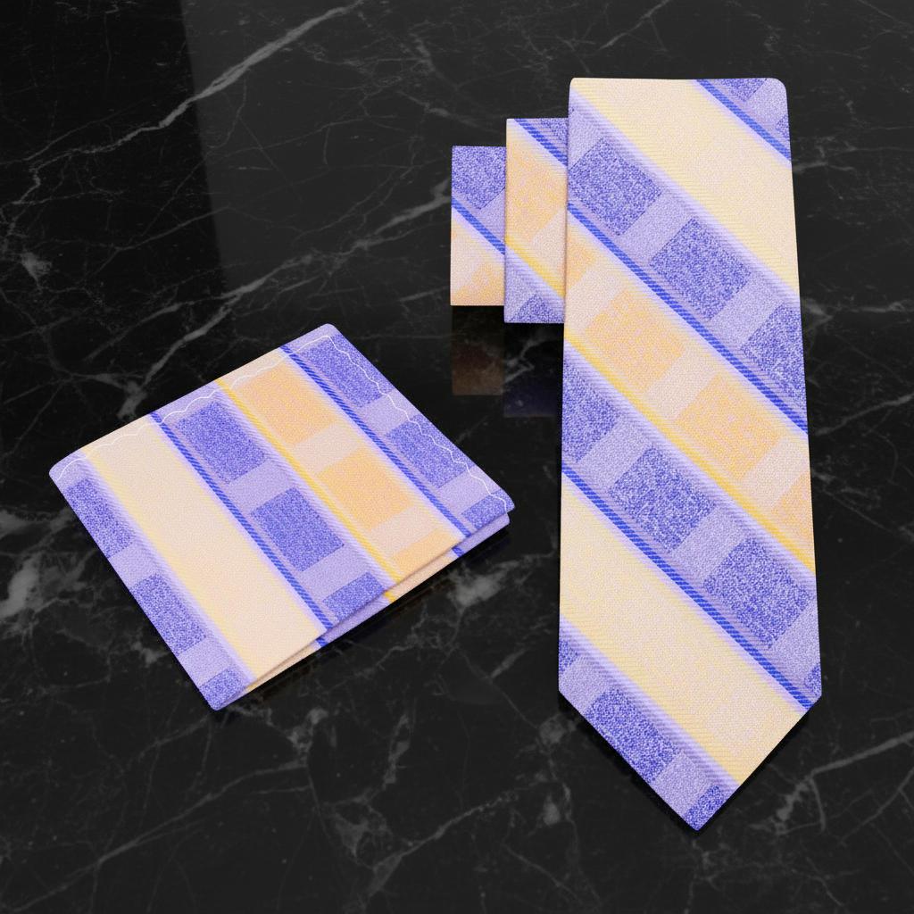 yellow and purple check and stripe tie and square
