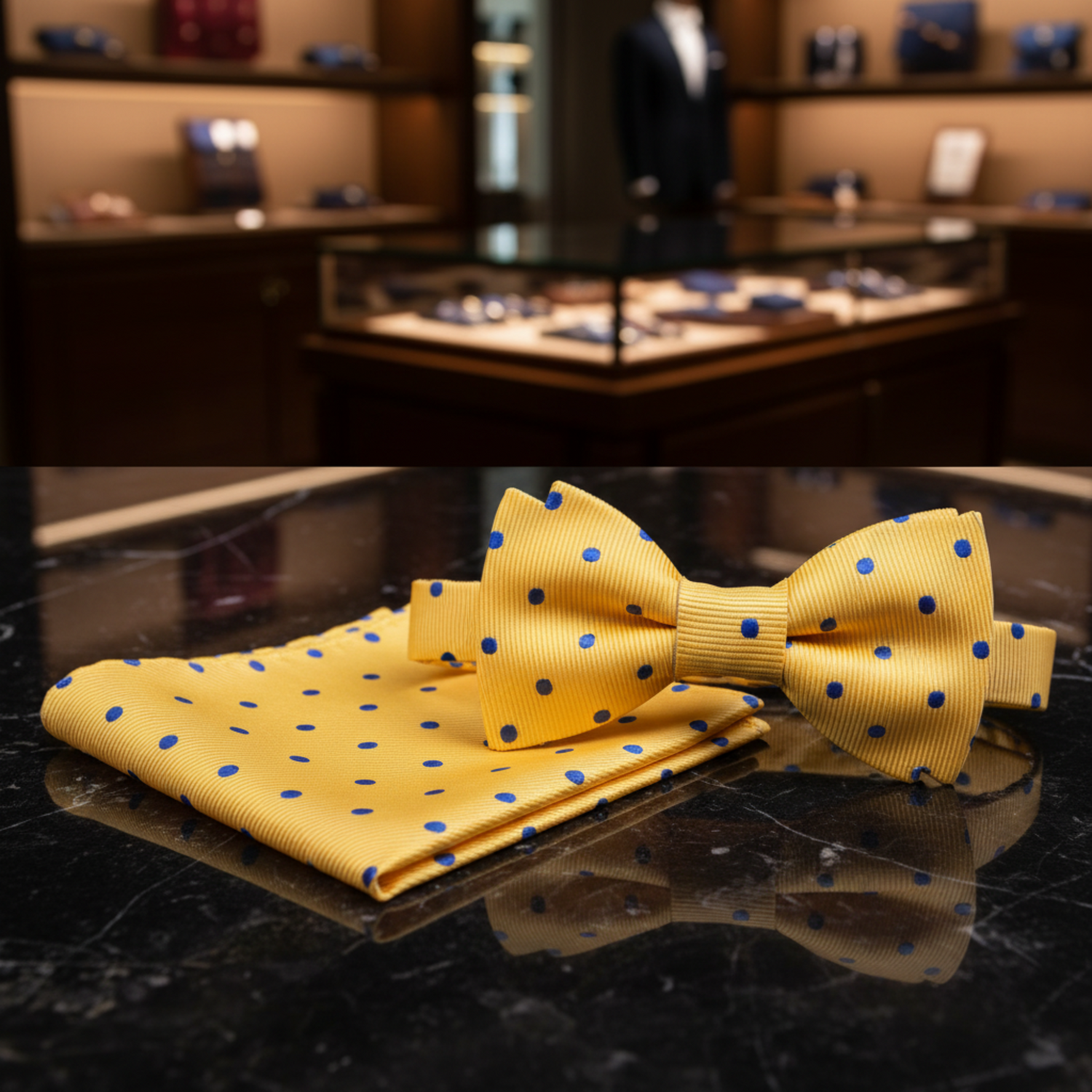 Yellow, Blue Dots Bow Tie and Square