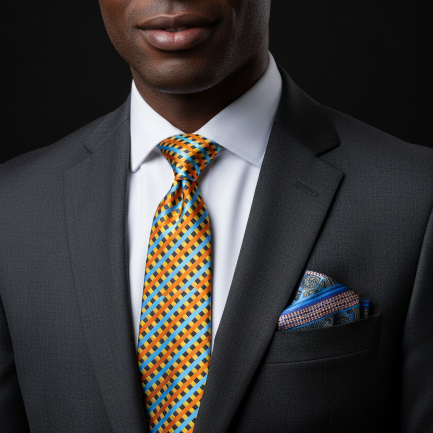Man wearing a gray suit with a colorful tie and pocket square against a black background
