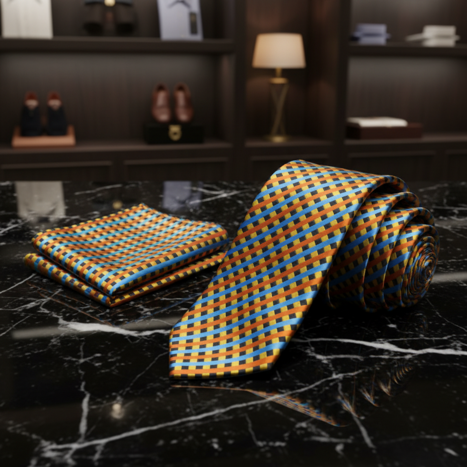 2 Yellow Blue Orange Check Necktie and Square