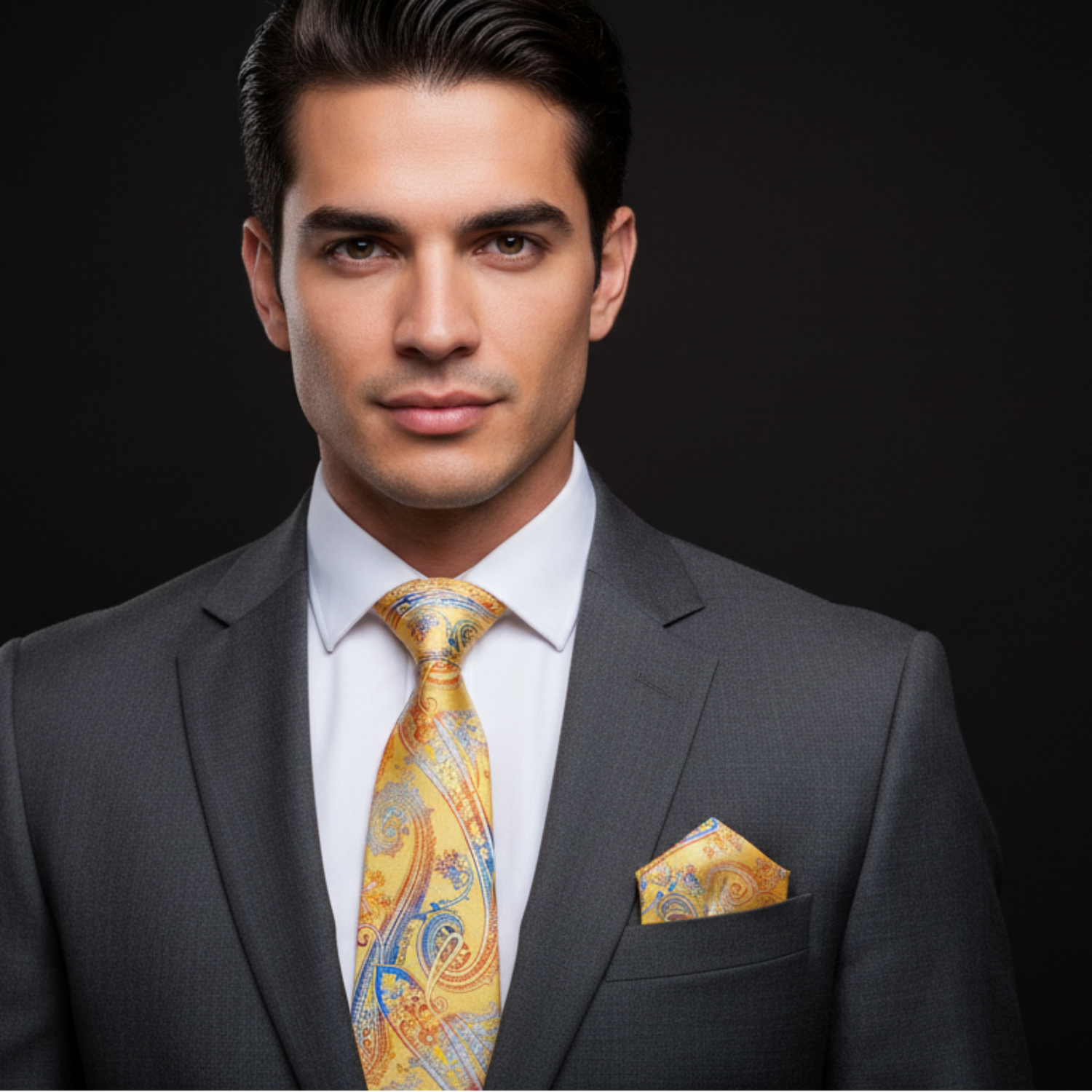 Man wearing a gray suit with a yellow tie and pocket square on a black background
