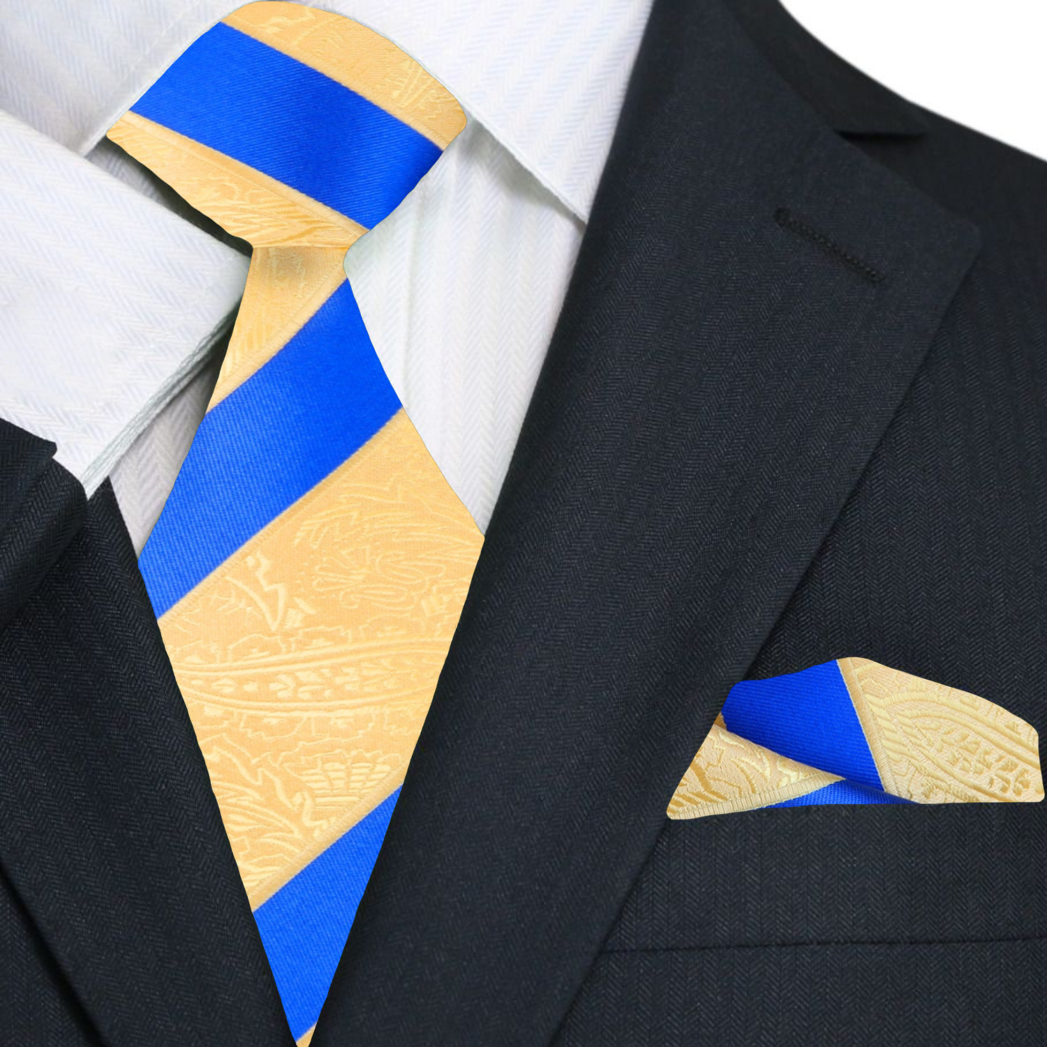 Premium Yellow Gold Paisley Texture Necktie with Matching Pocket Square