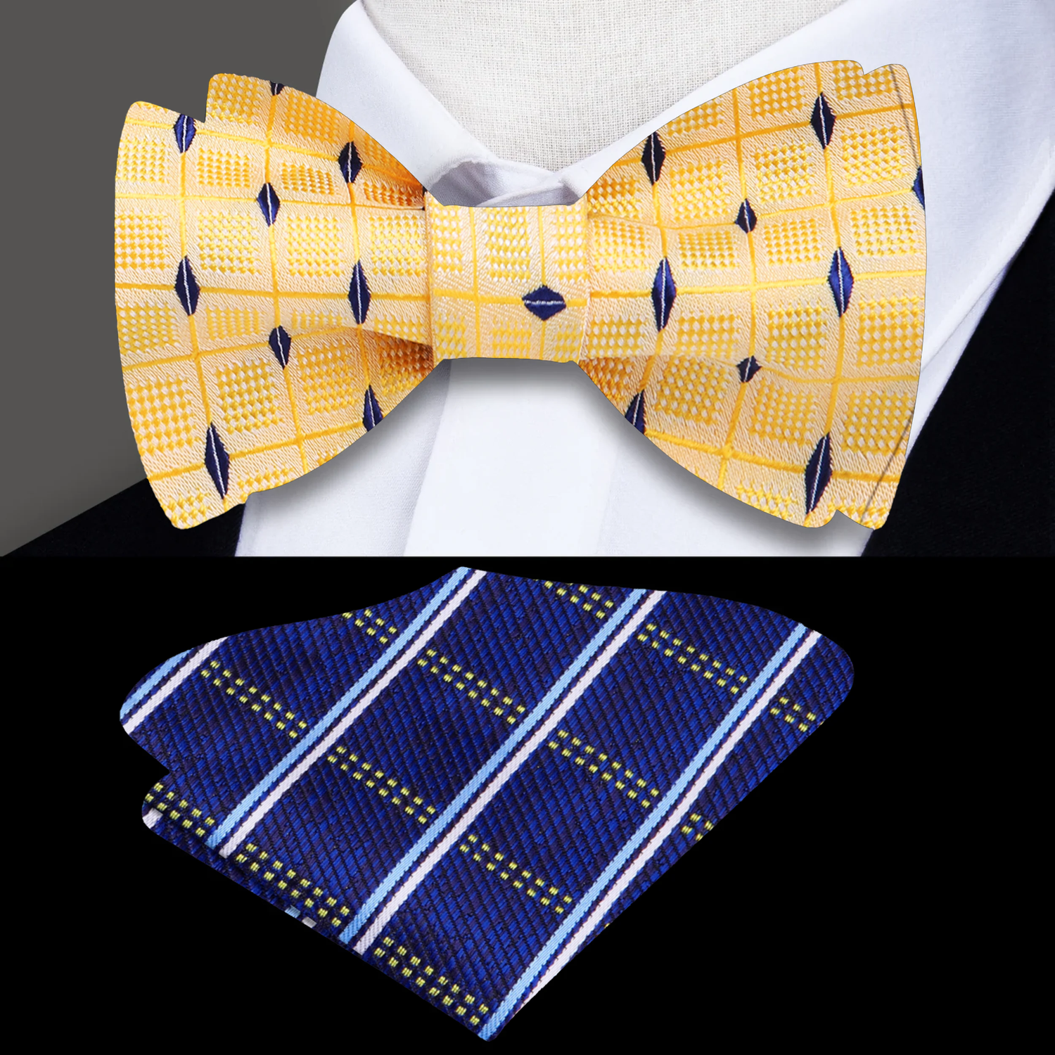 Rich Yellow with a Small Rich Blue Diamonds Pattern Bow Tie