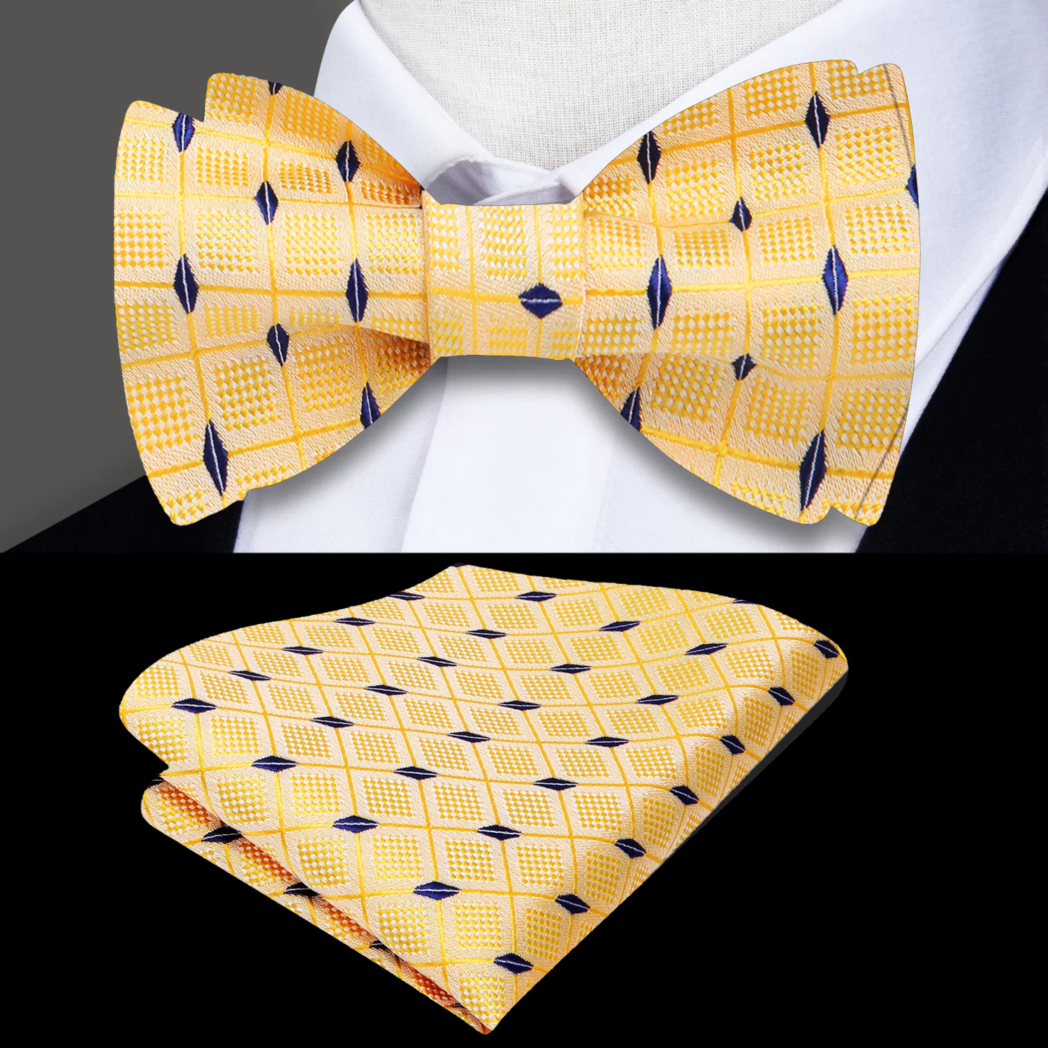 Rich Yellow with a Small Rich Blue Diamonds Pattern Bow Tie