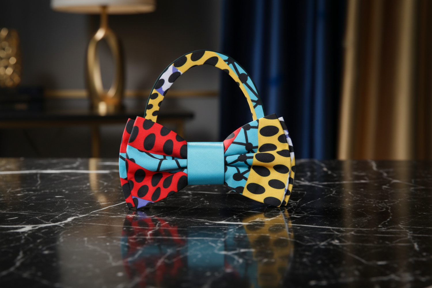Pre Tied Red, Light Blue, Yellow, Black Abstract Bow Tie 