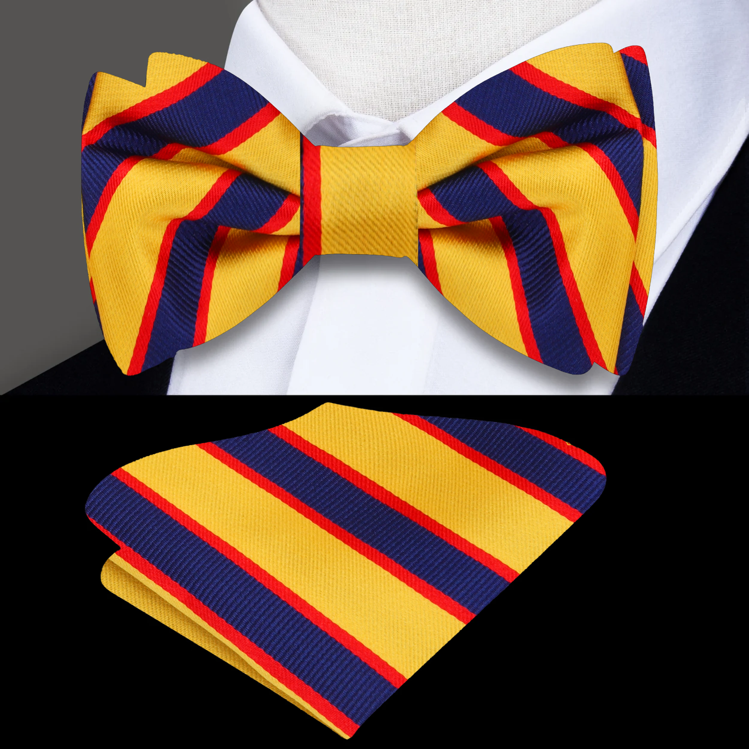A Yellow, Blue, Red Stripe Pattern Self Tie Bow Tie, With Matching Pocket Square ||Yellow, Blue, Red