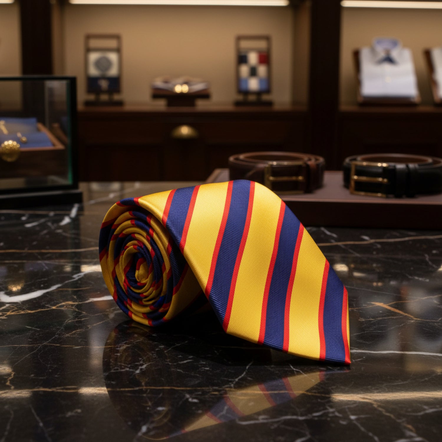 Roll of yellow and blue striped tie on a dark surface with a blurred background