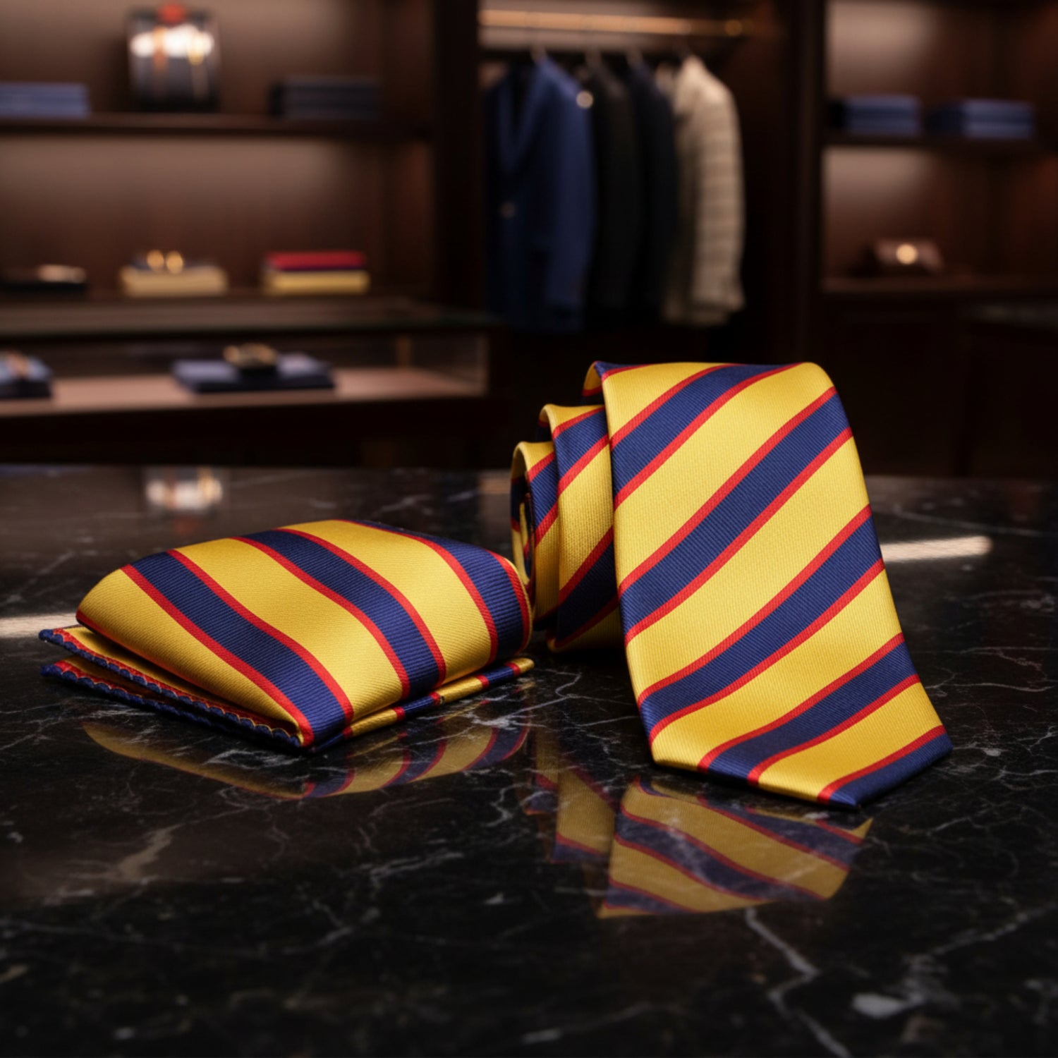 Yellow and blue striped tie on a marble surface with a blurred interior background