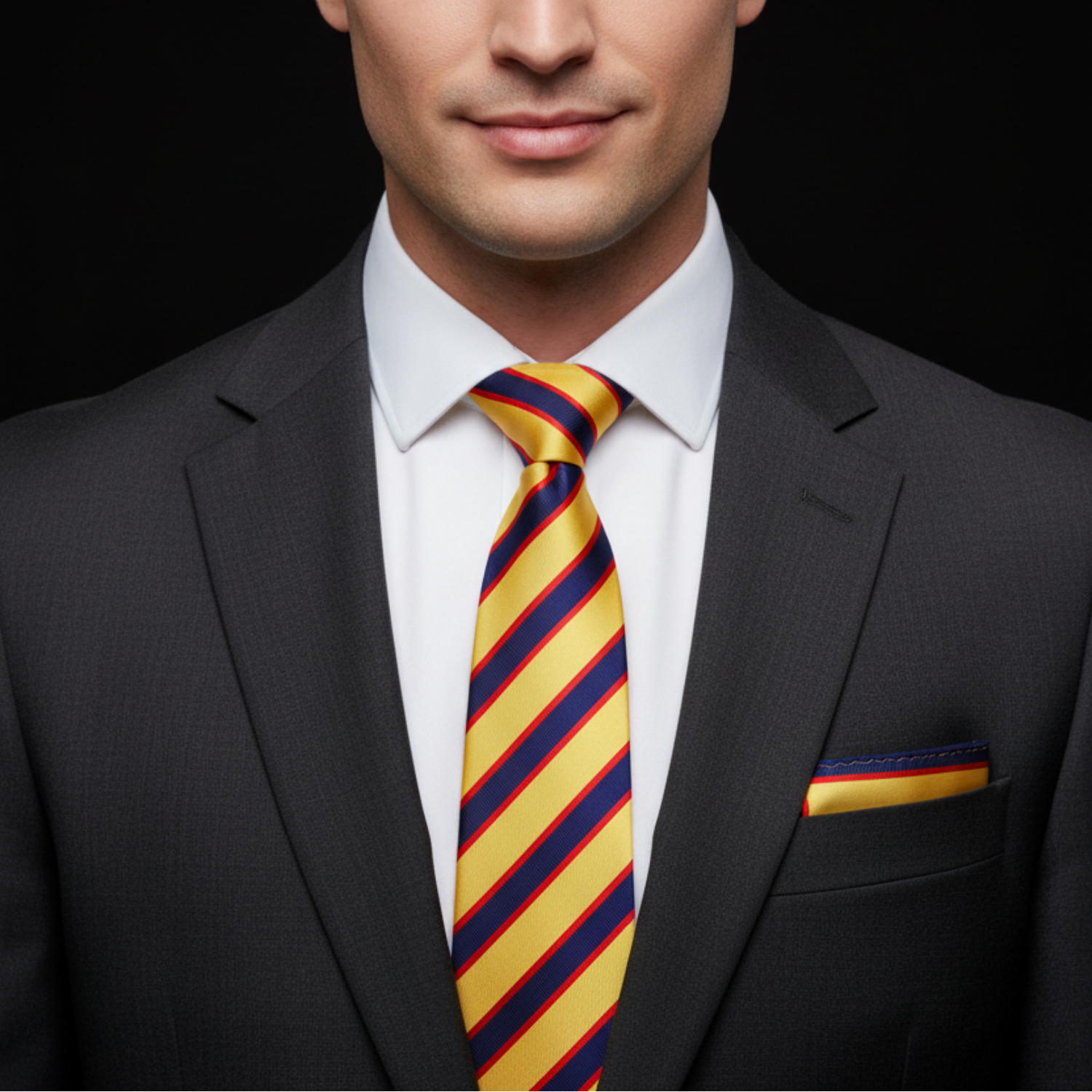 Yellow Red and Blue Stripe Tie and Square on Man