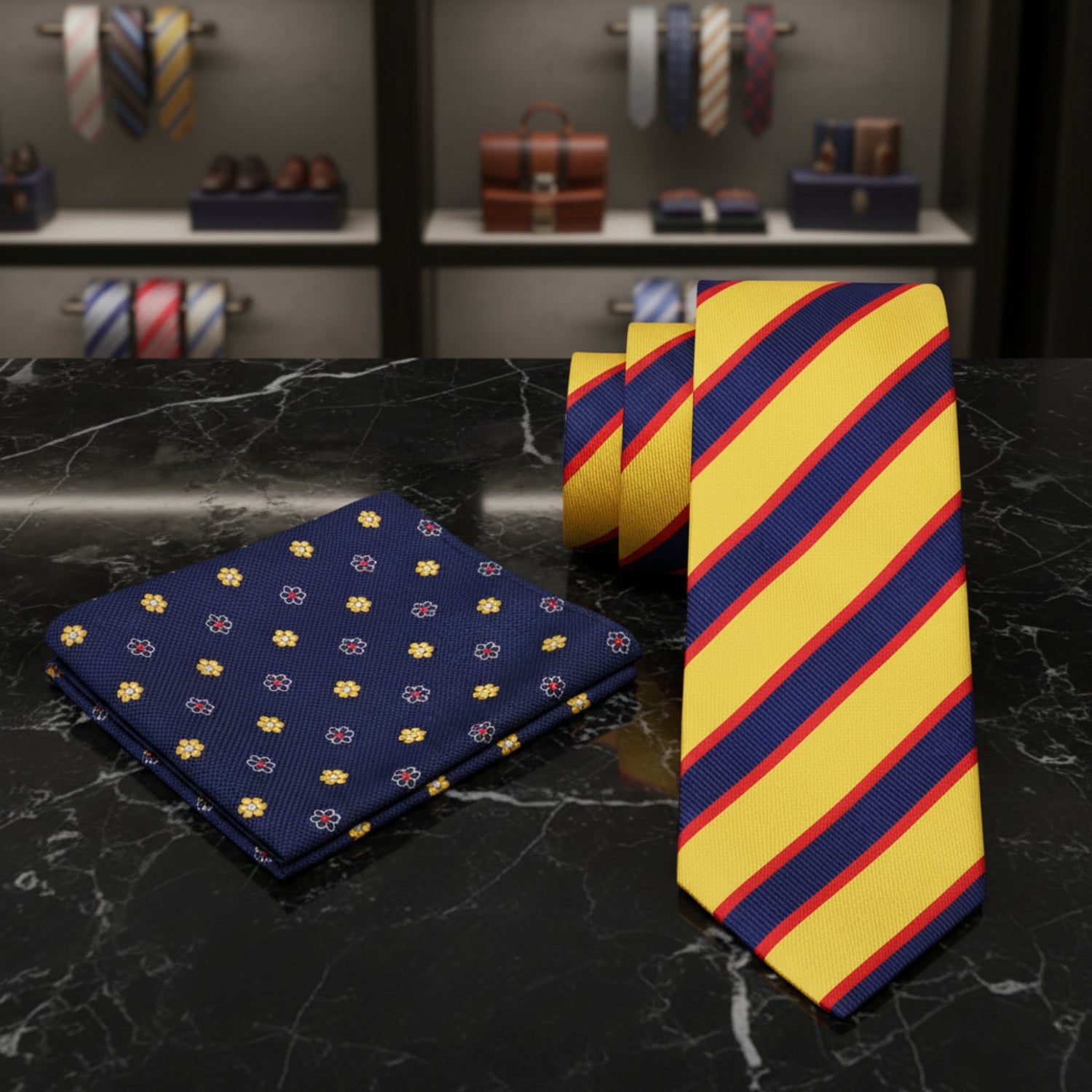 A men's necktie and matching pocket square set on a white background. The necktie features diagonal stripes of yellow, navy blue, and red.