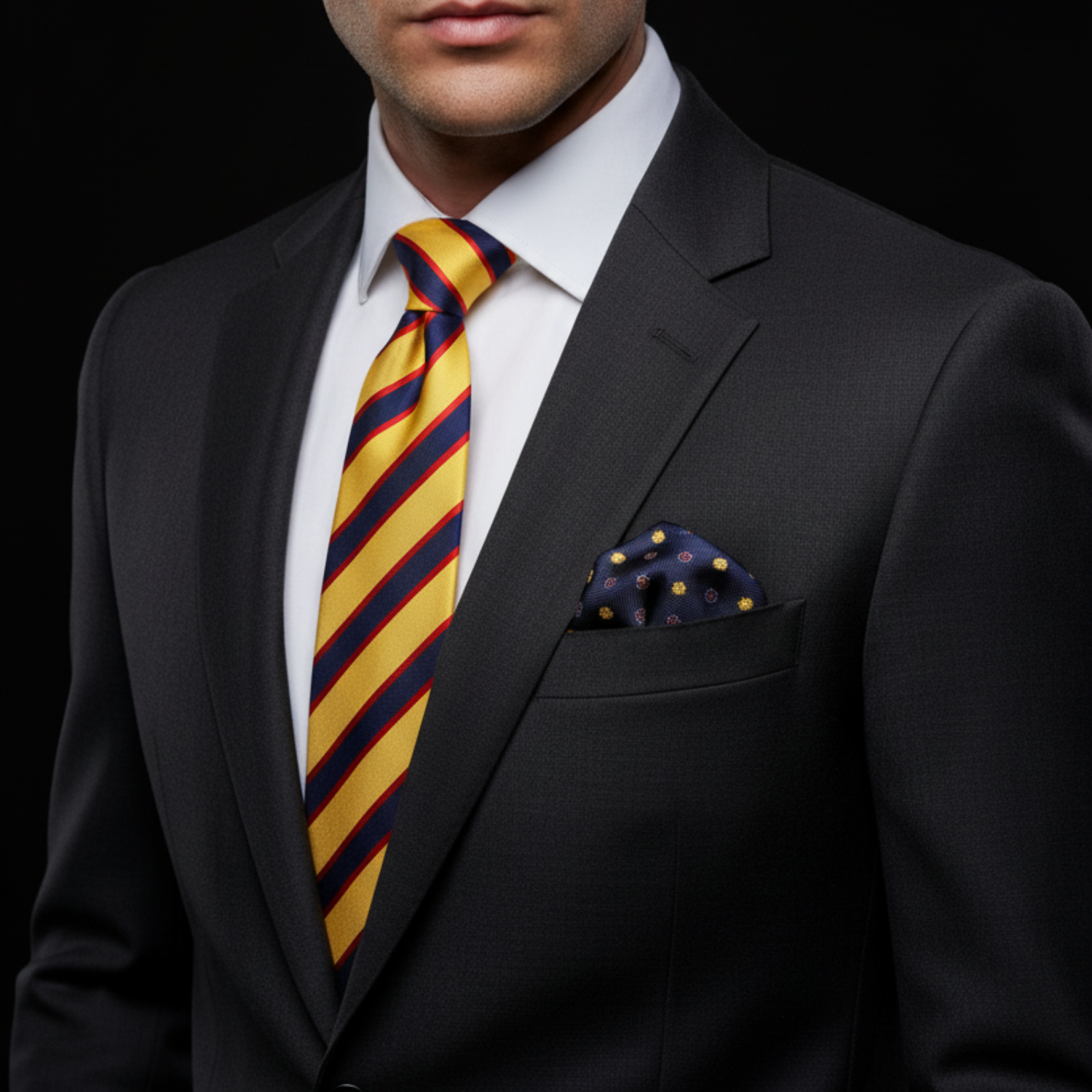 A man wearing a dark charcoal gray suit jacket, white dress shirt, a yellow and navy striped necktie, and a matching navy pocket square with gold dots, set against a solid black background.