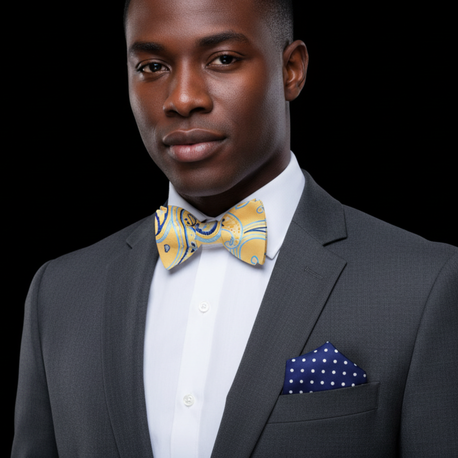 Man wearing yellow paisley bow tie and accenting square