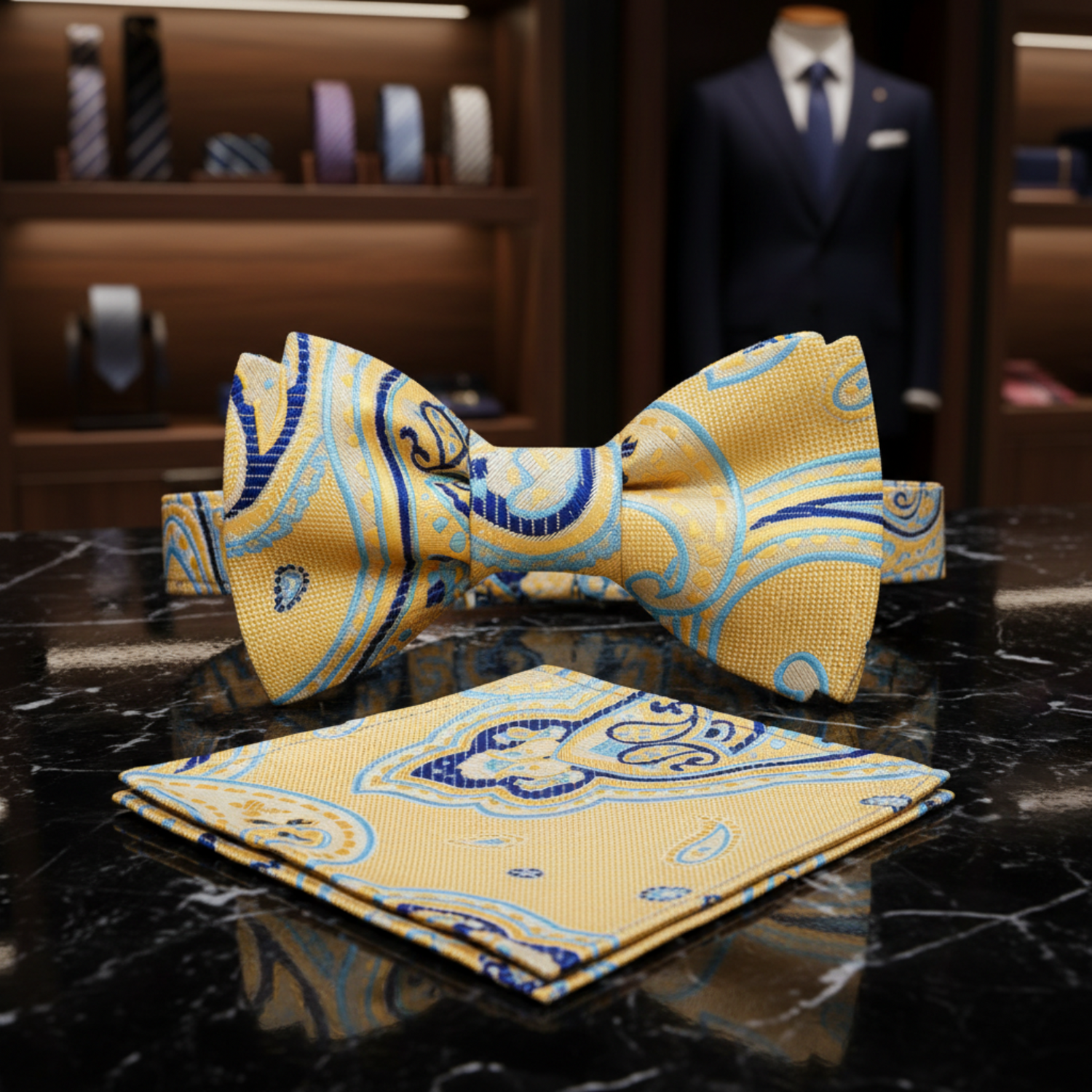 Yellow, Blue Paisley Bow Tie and Matching Square