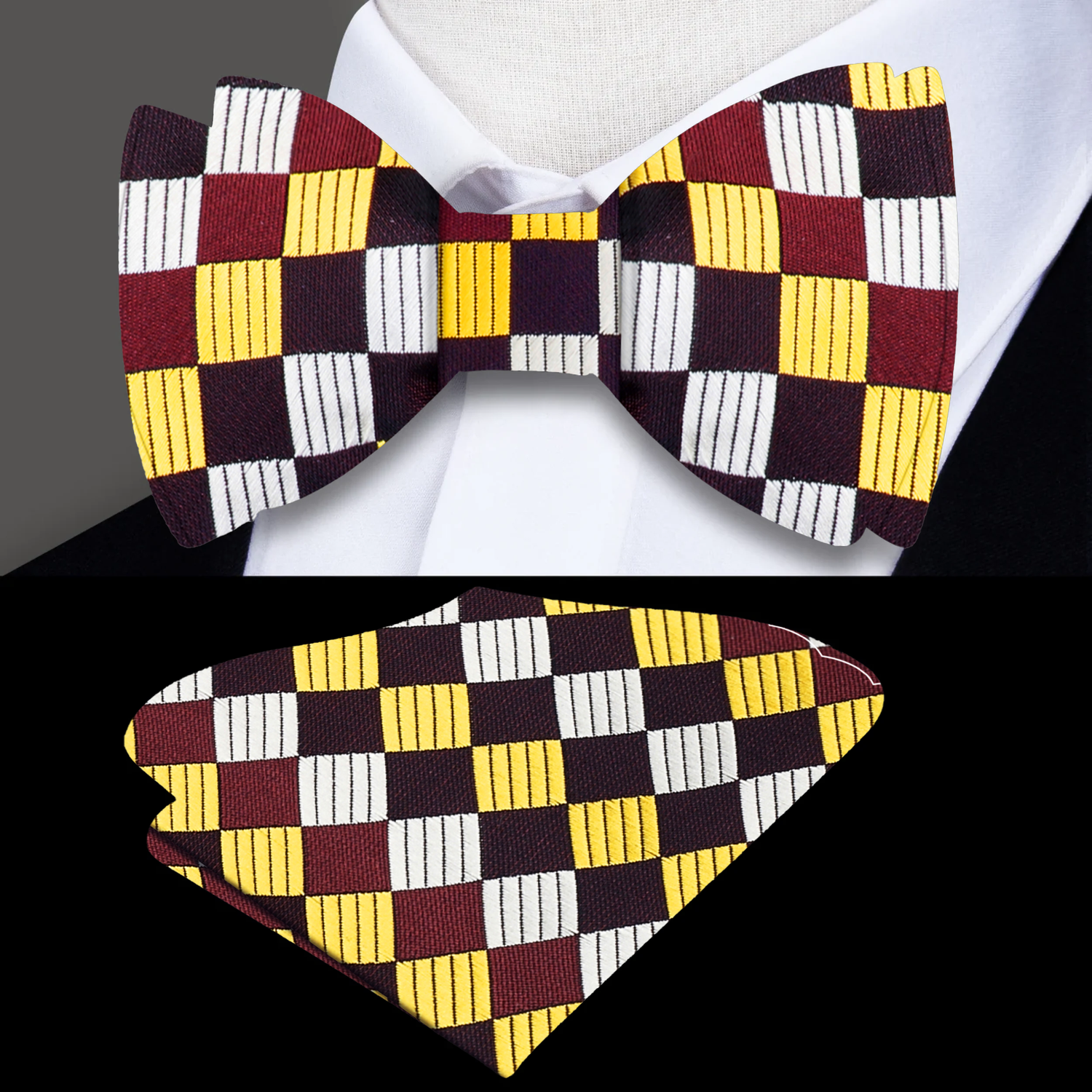 A Yellow, Brown Geometric Squares Pattern Silk Self Tie Bow Tie, Pocket Square