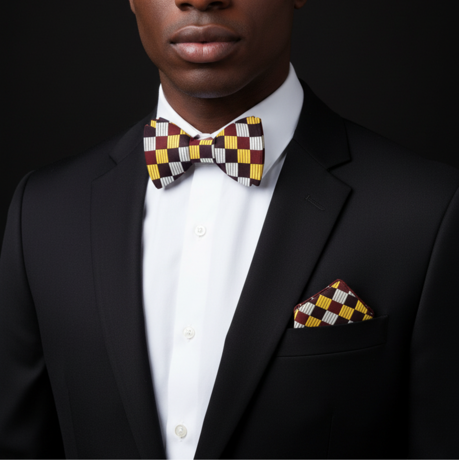 Man wearing a black suit with a checkered bow tie and pocket square on a dark background