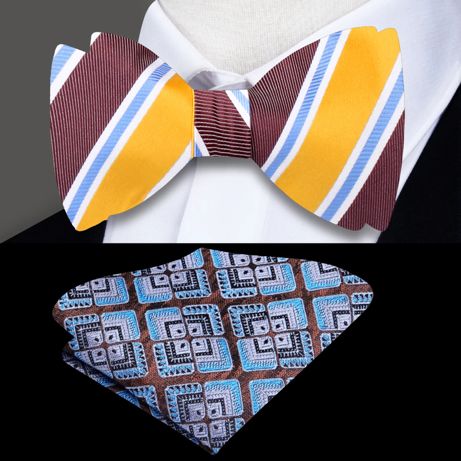 Yellow, Brown, White and Light Blue Stripe Bow Tie and Accenting Pocket Square
