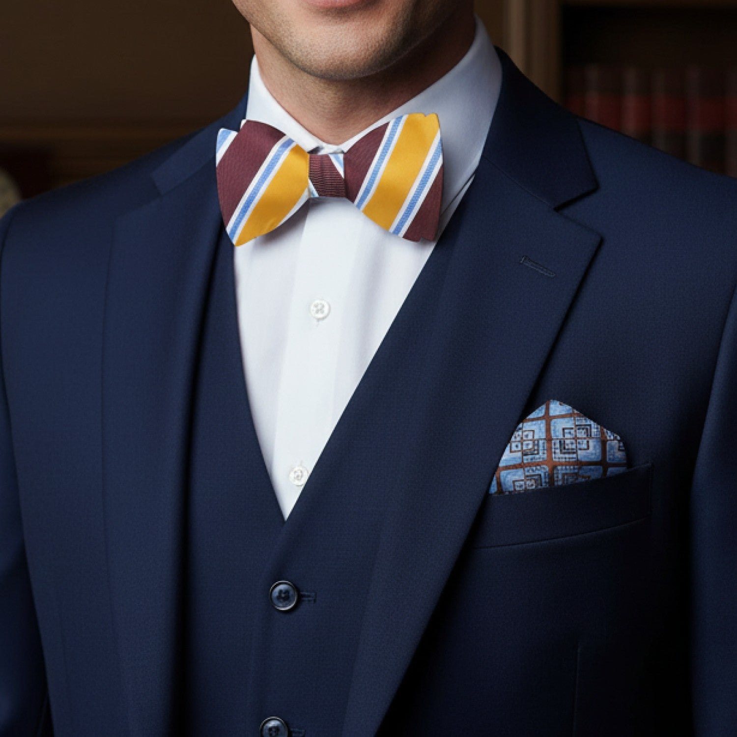 Man wearing a navy suit with a colorful bow tie and patterned pocket square.