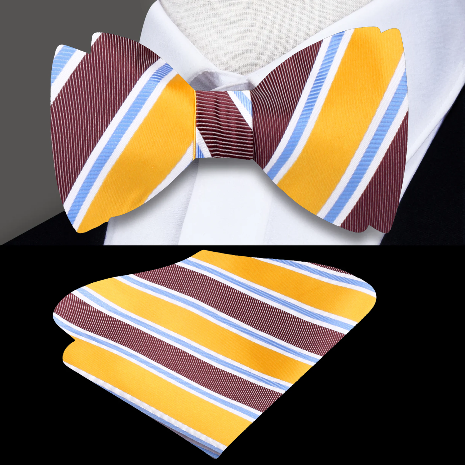 Yellow, Brown, White and Light Blue Stripe Bow Tie and Pocket Square