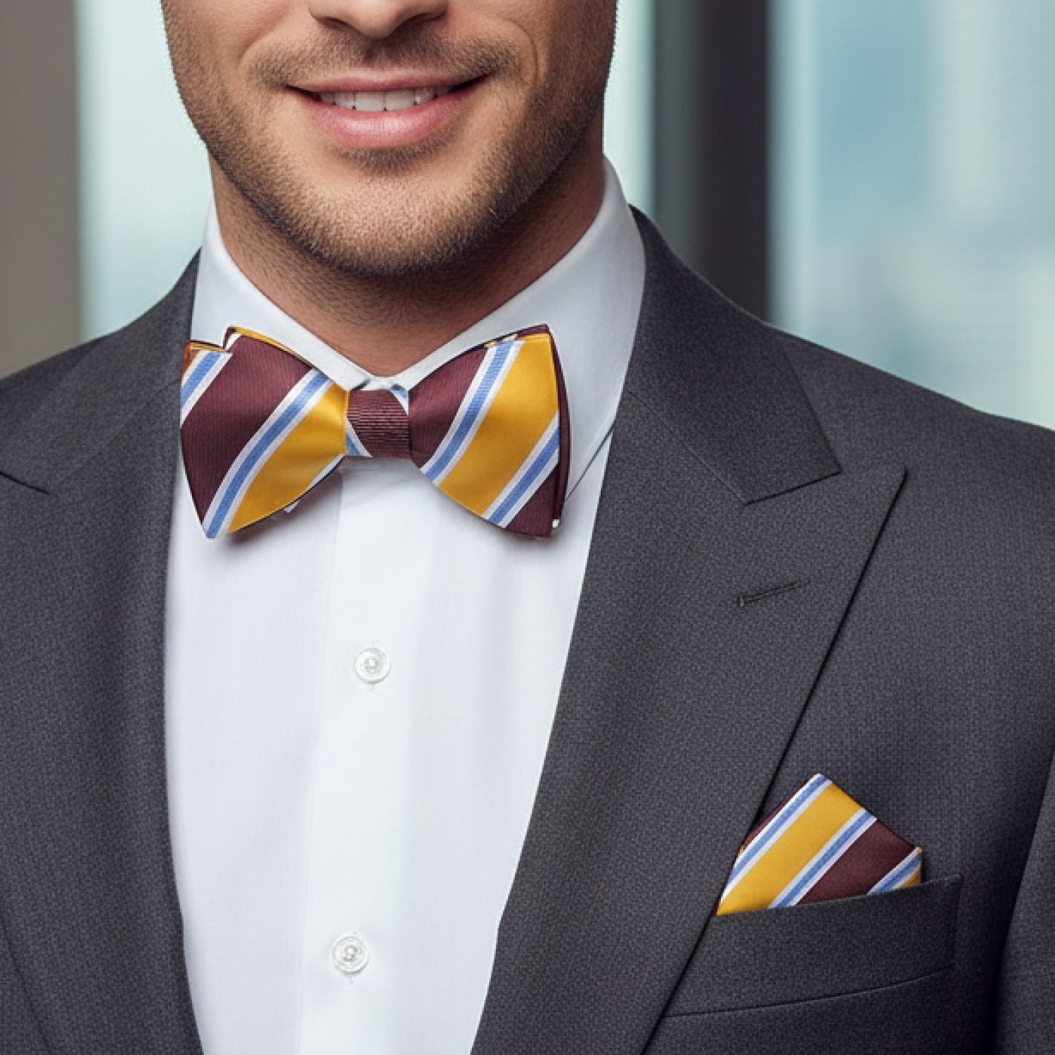 Man wearing a gray suit with a colorful striped bow tie and pocket square.