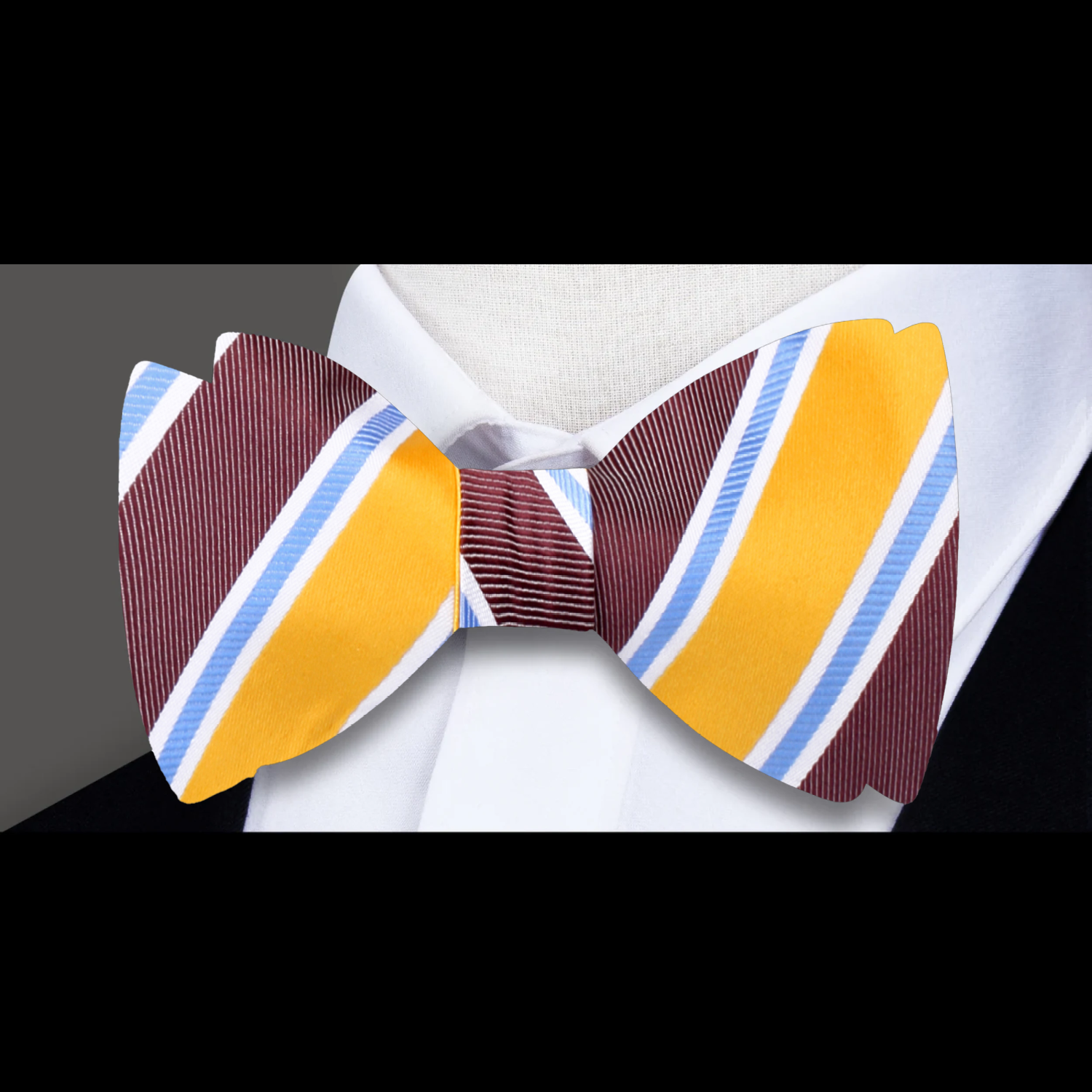 View 2: Yellow, Brown, White and Light Blue Stripe Bow Tie