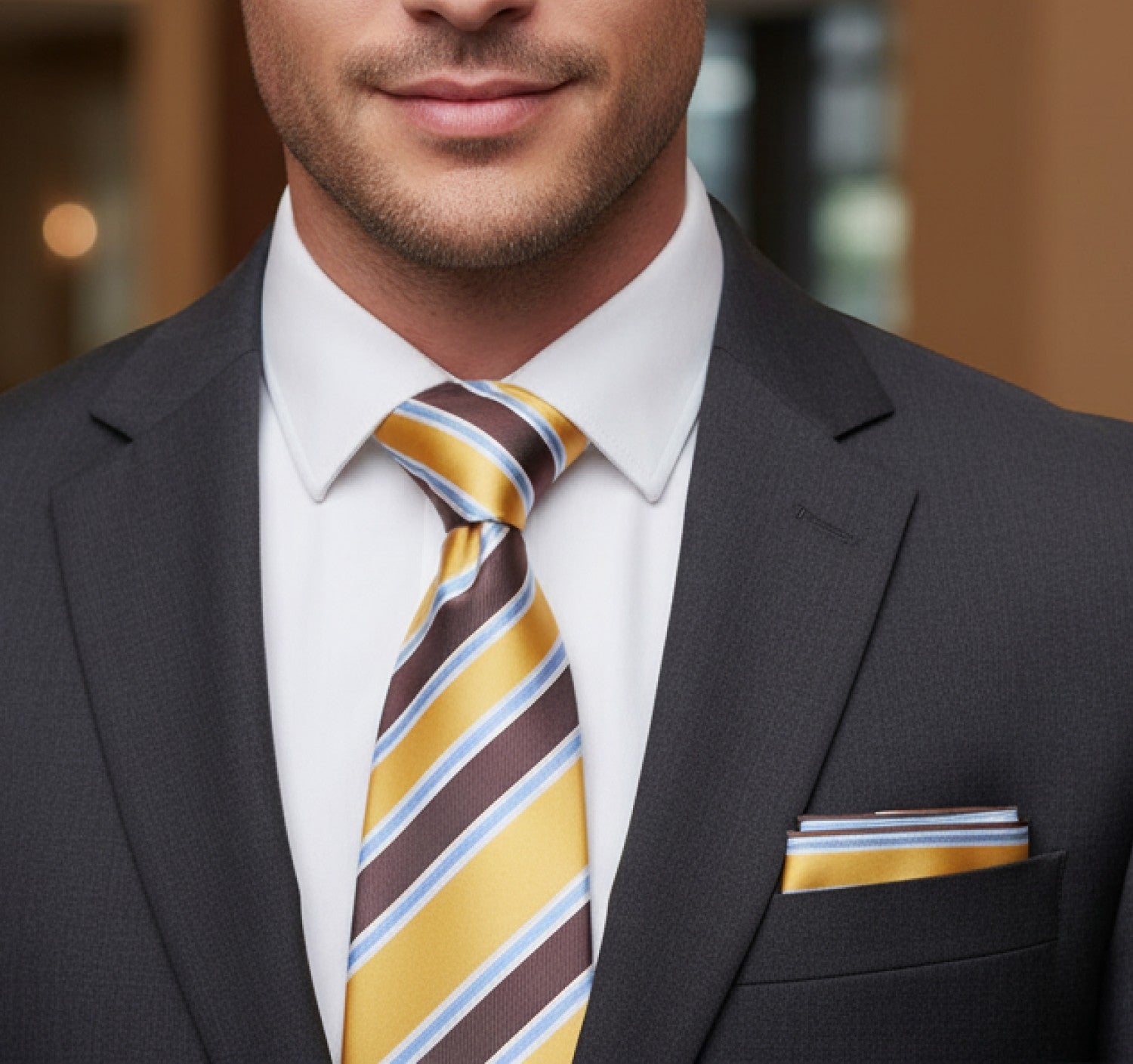 Man wearing a gray suit with a yellow and brown striped tie and matching pocket square.