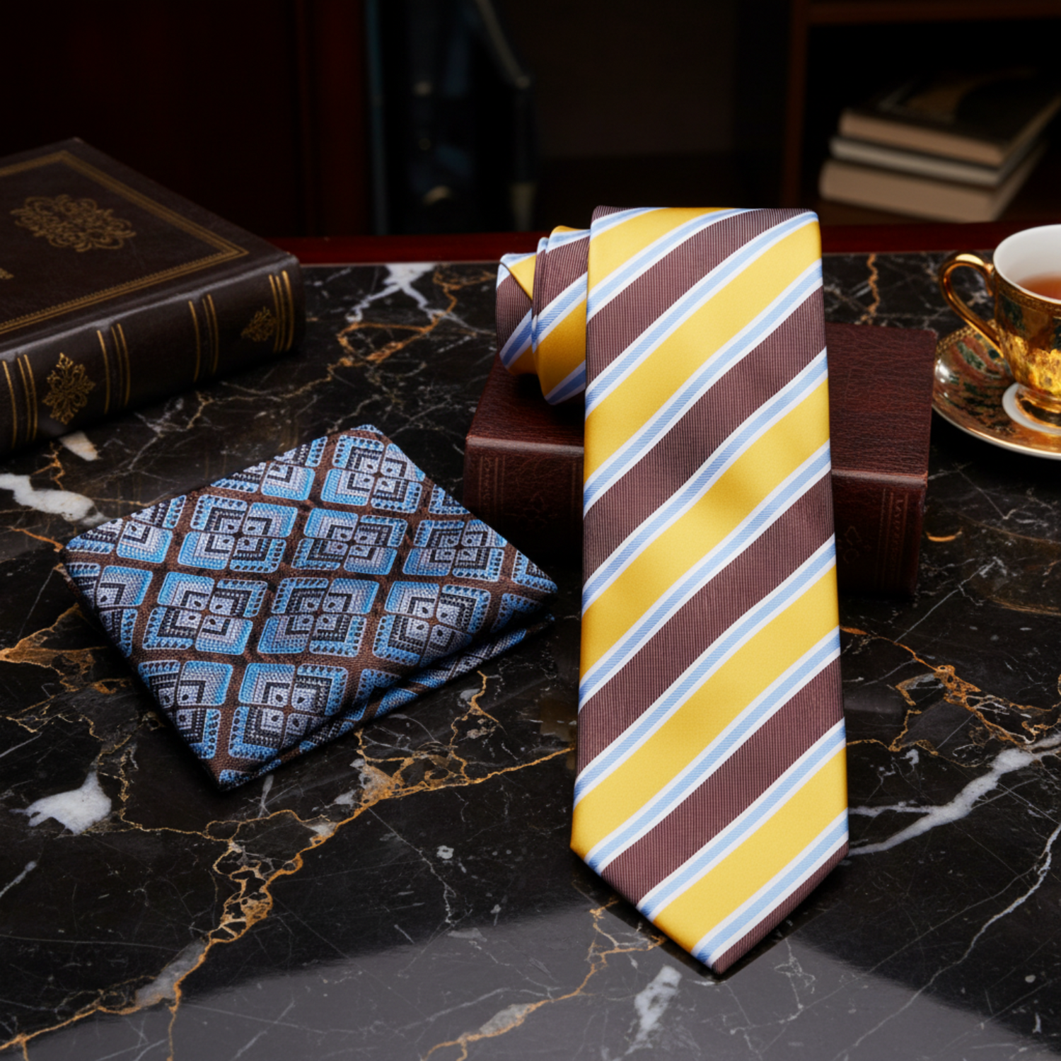 Striped tie and patterned pocket square on a white background