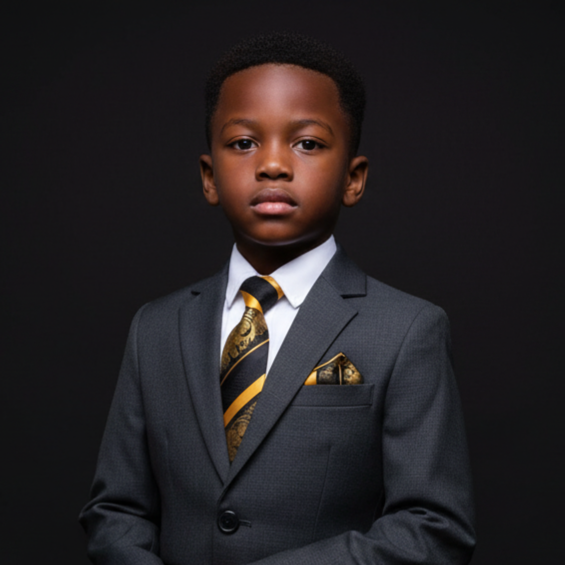 Young boy in a formal suit with a tie and pocket square on a black background