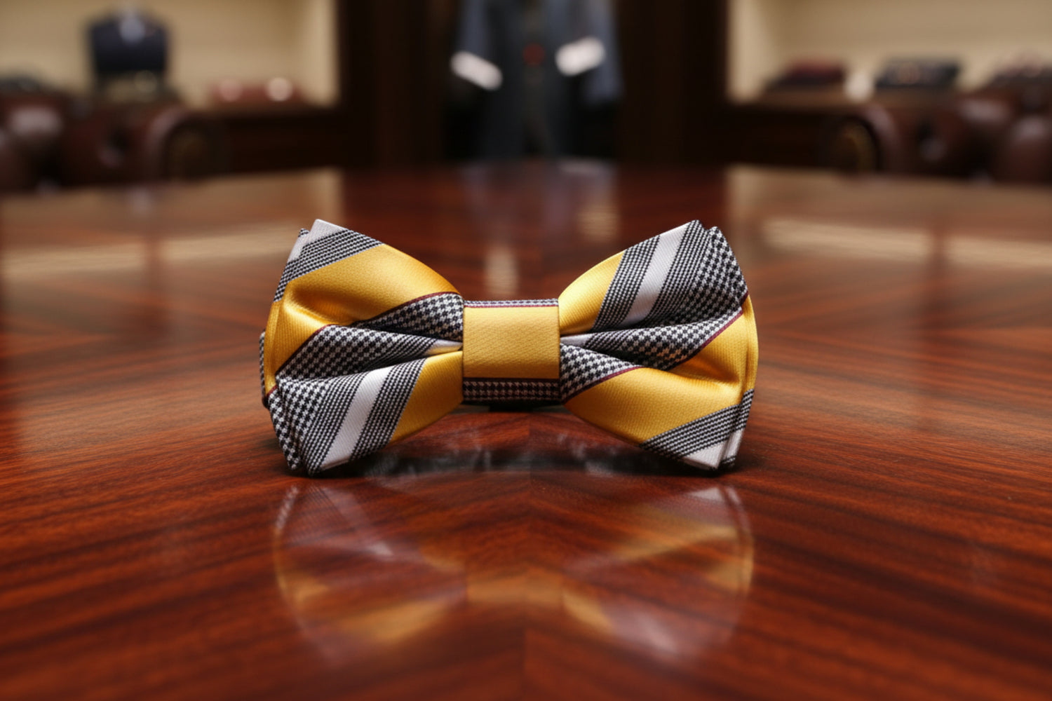 Yellow, Grey, White Stripe Bow Tie Pre Tied