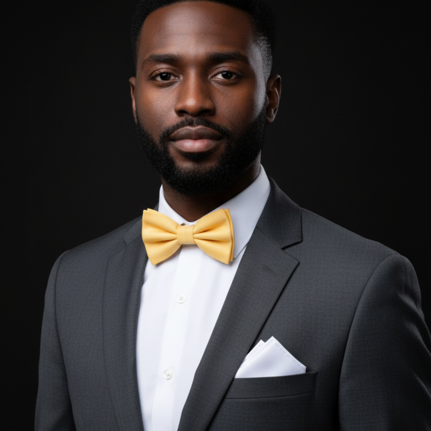 Man wearing a gray suit with a yellow bow tie on a black background