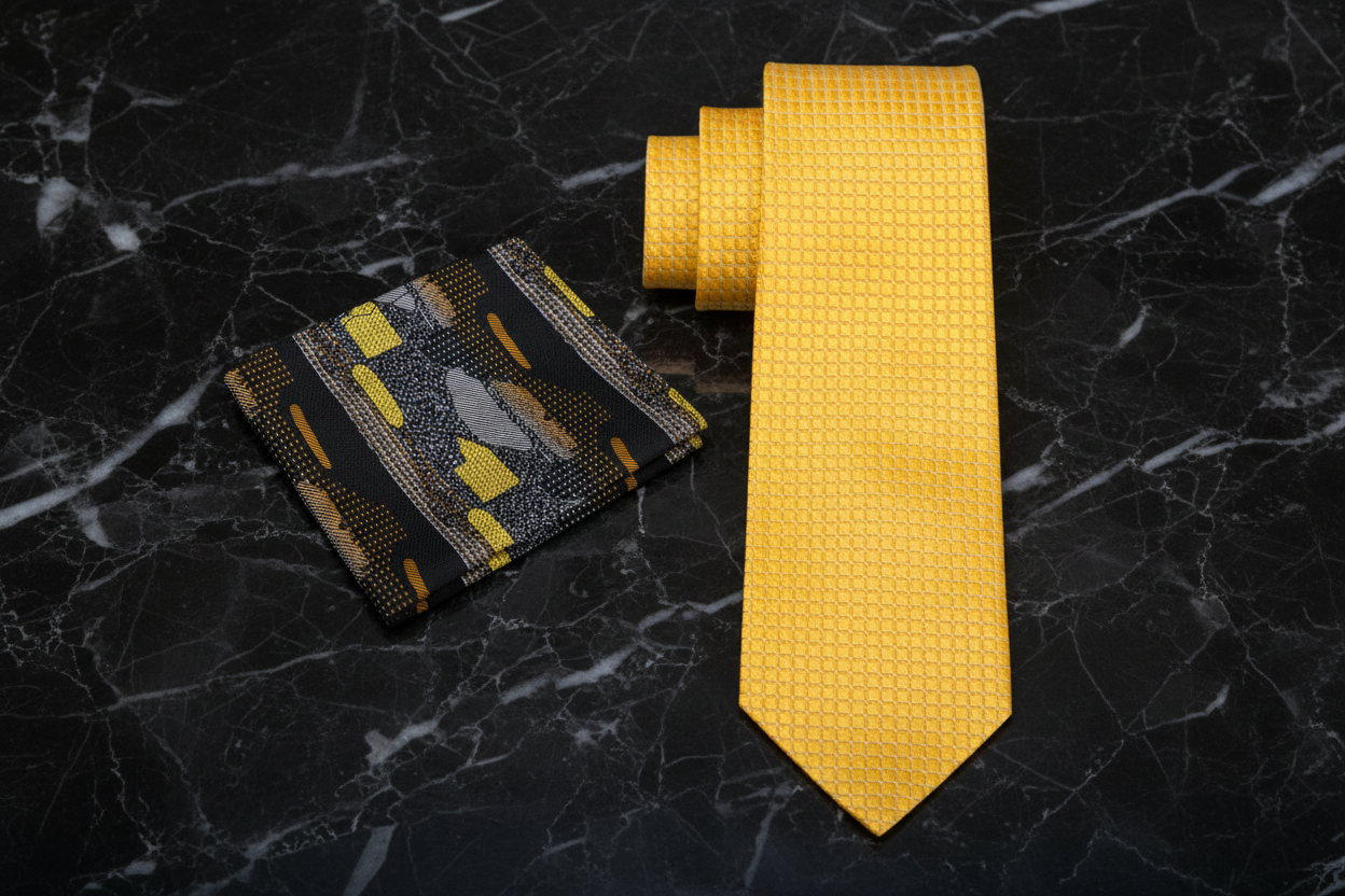 Yellow textured tie with patterned pocket square 2