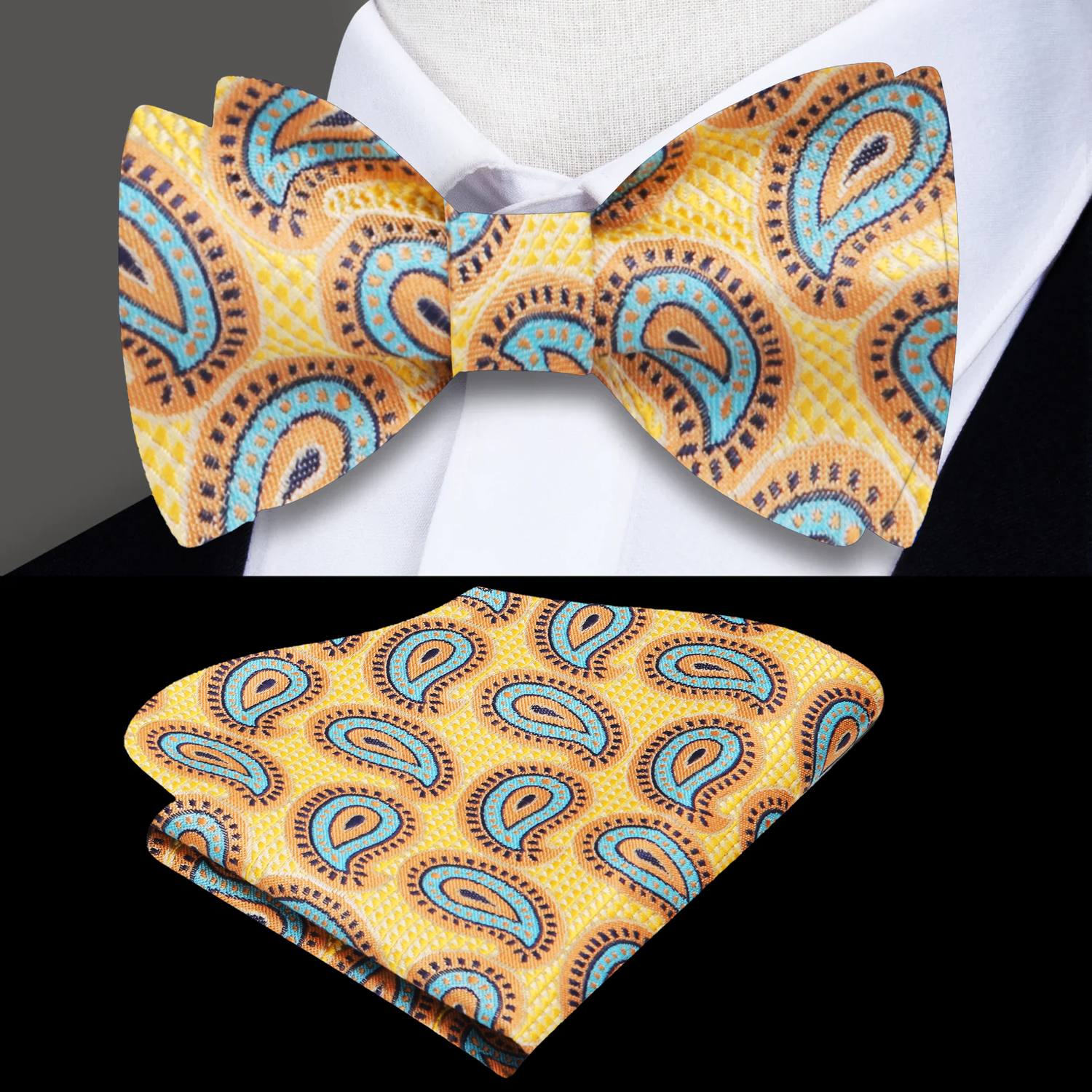 A Light Yellow, Light Blue Paisley Pattern Self Tie Bow Tie, Matching Pocket Square