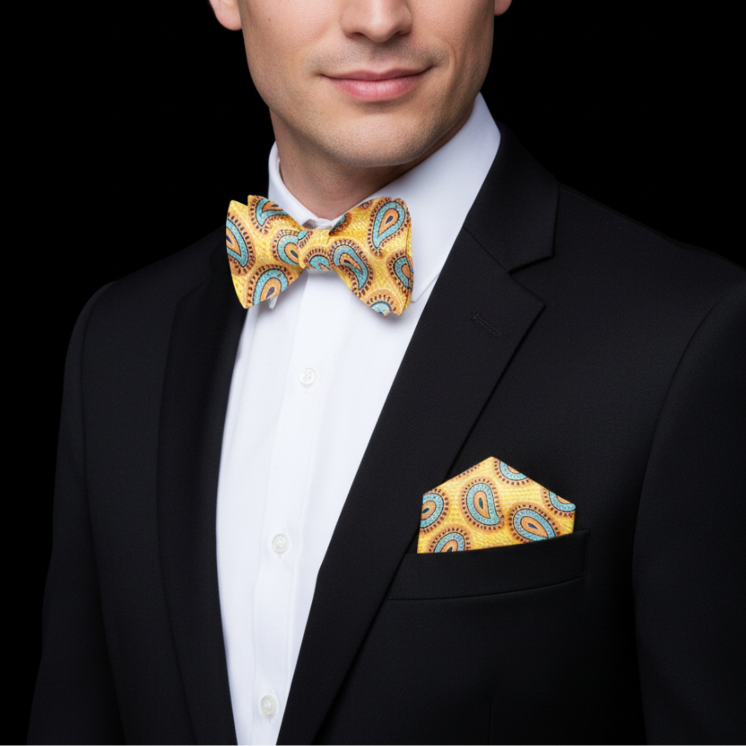Man wearing a black suit with a yellow patterned bow tie and pocket square on a black background