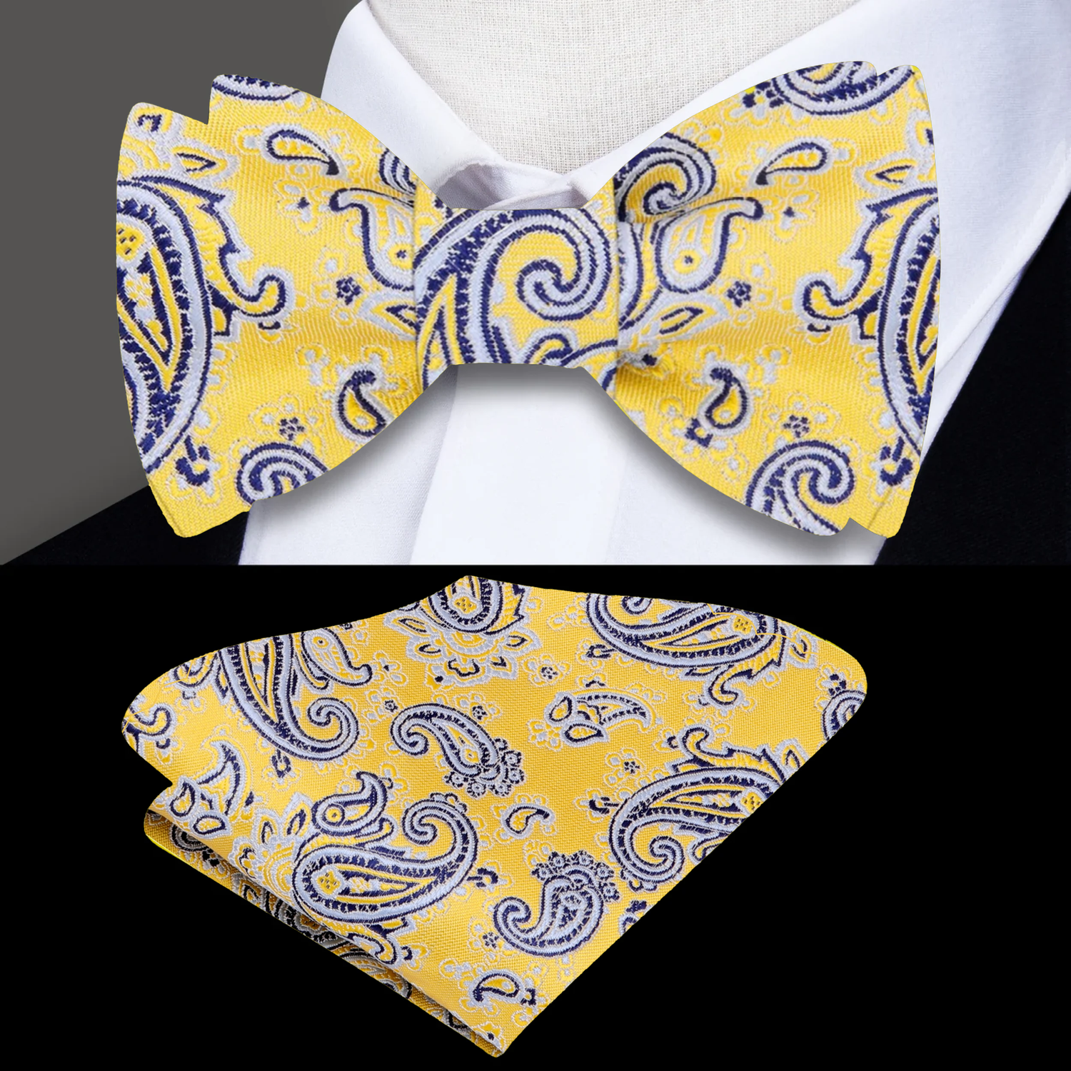 Main View: A Yellow, Light Blue, Black Paisley Pattern Self Tie Bow Tie, Matching Pocket Square