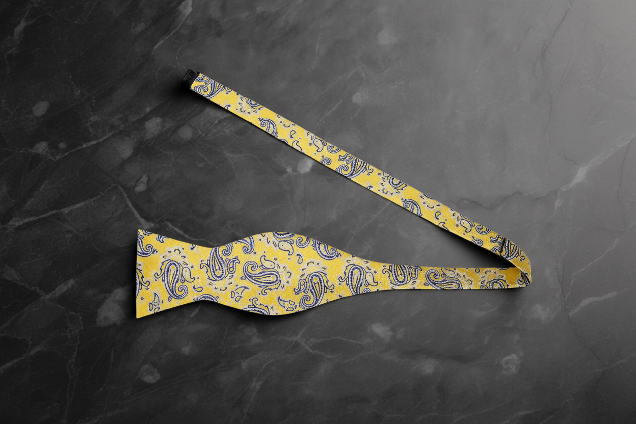 A Yellow, Light Blue, Black Paisley Pattern Self Tie Bow Tie