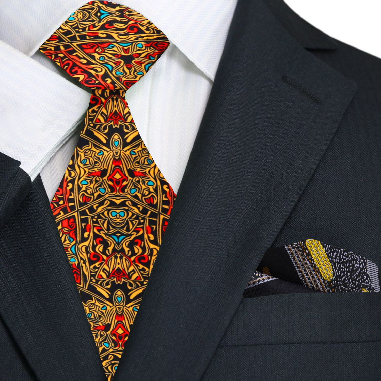 Black, Red, Orange, Yellow Abstract Necktie and Accenting Square