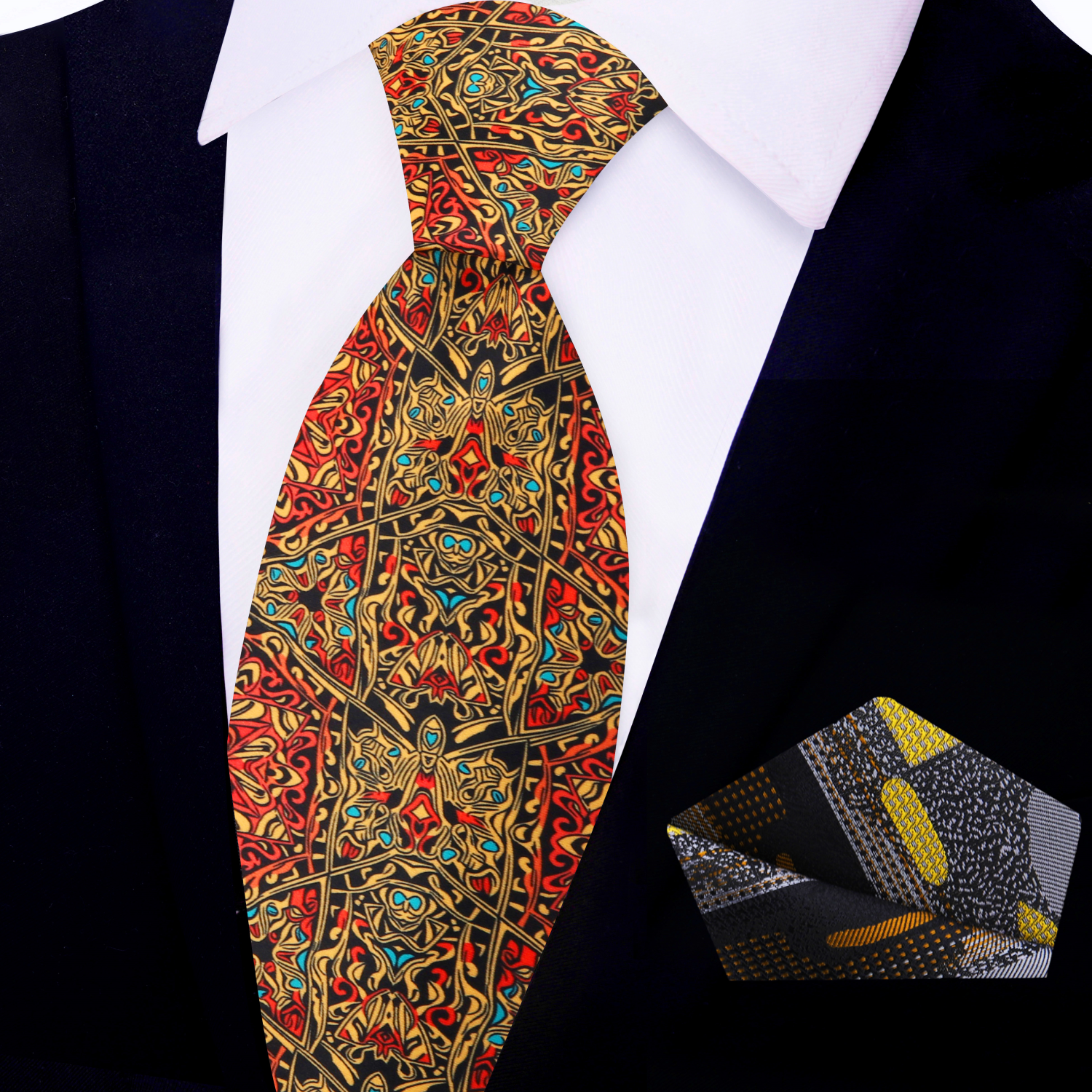 View 2 Black, Red, Orange, Yellow Abstract Necktie and Accenting Square