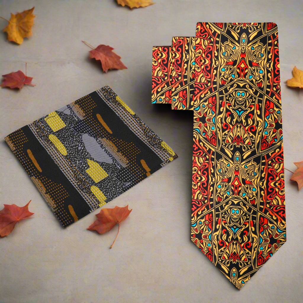 Alt Black, Red, Orange, Yellow Abstract Necktie and Accenting Square