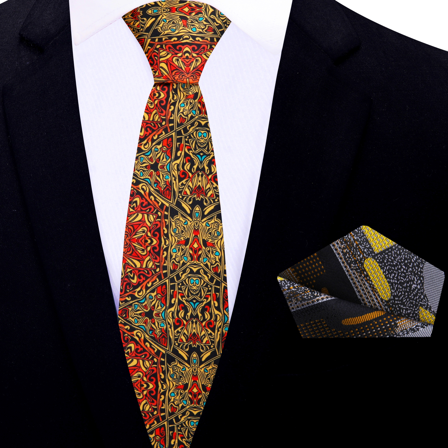 Thin Black, Red, Orange, Yellow Abstract Necktie and Accenting Square