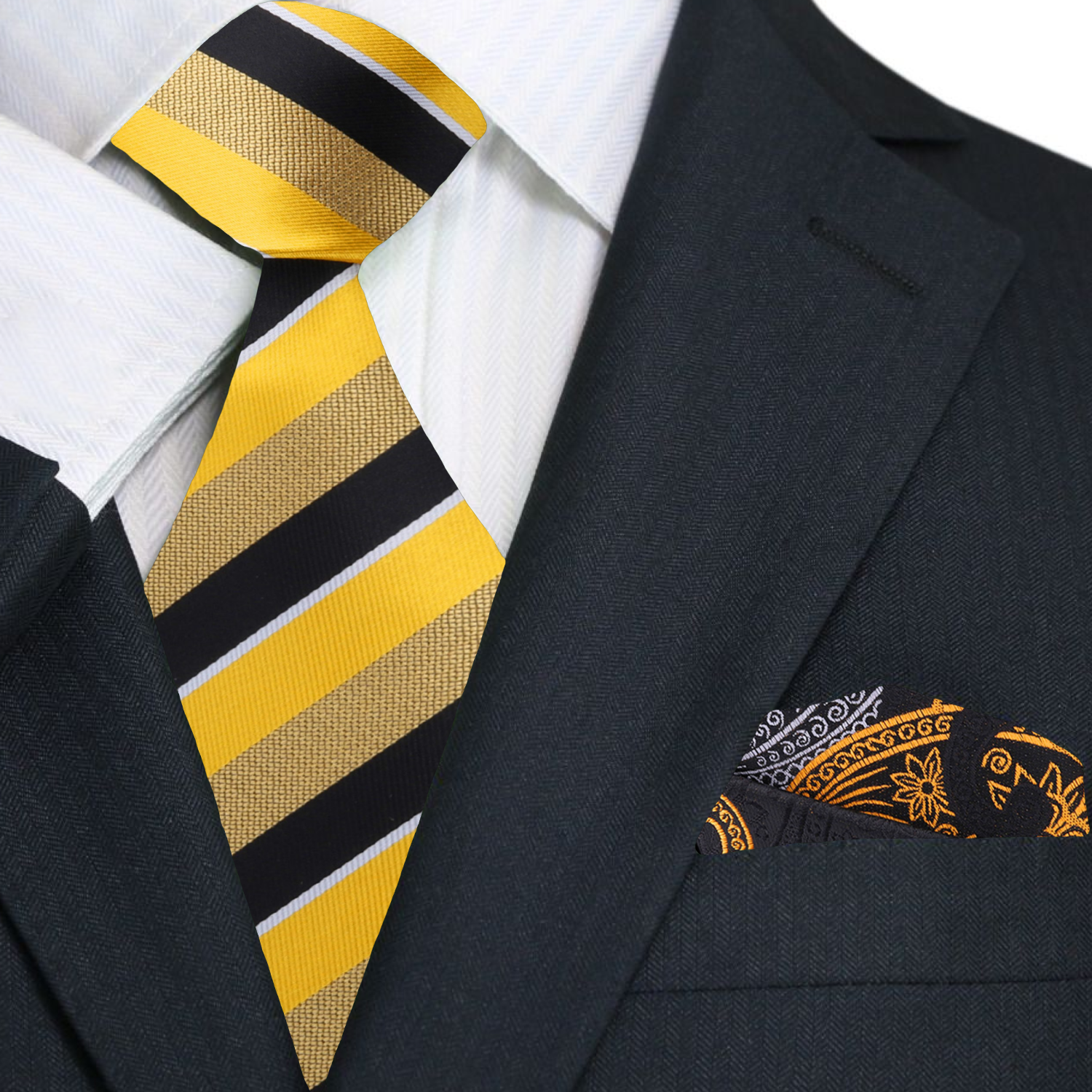Gold and Black Stripe necktie and Paisley Square