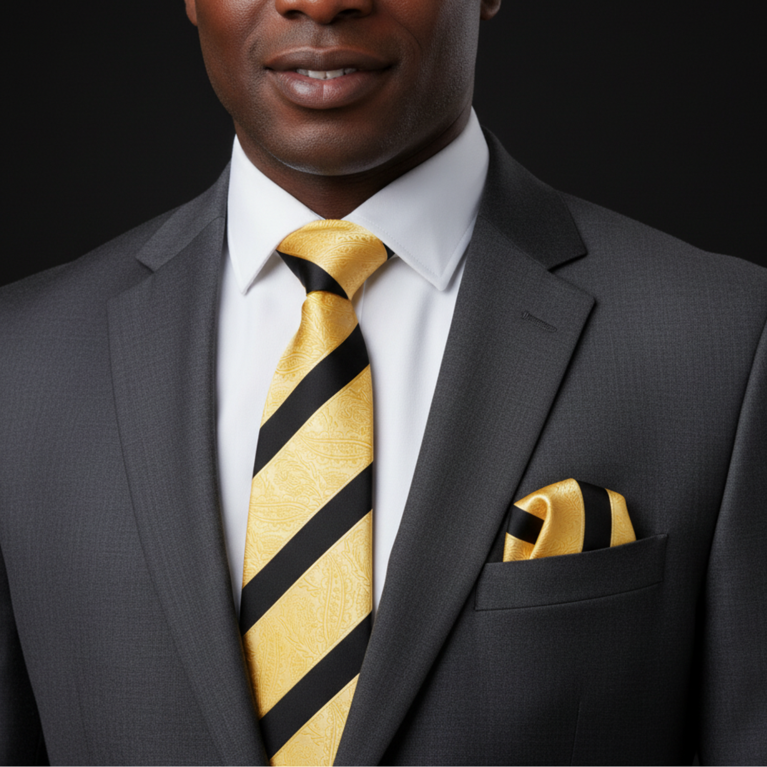 Man wearing a gray suit with a gold and black striped tie and matching pocket square on a black background