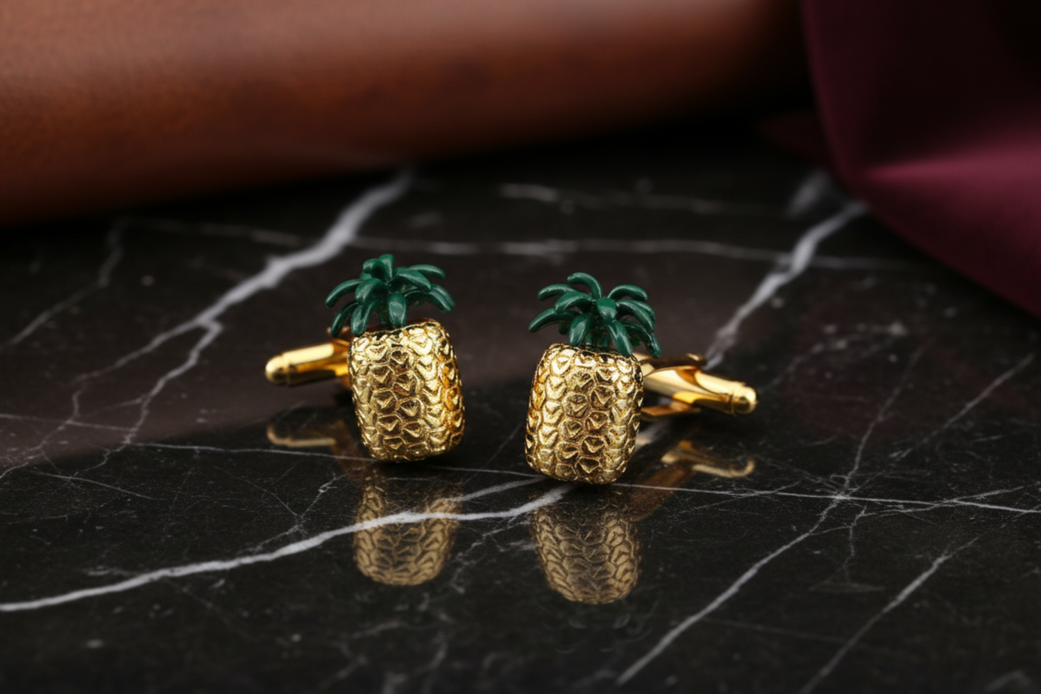 View 2: Gold and Green Colored Pineapple Cufflinks